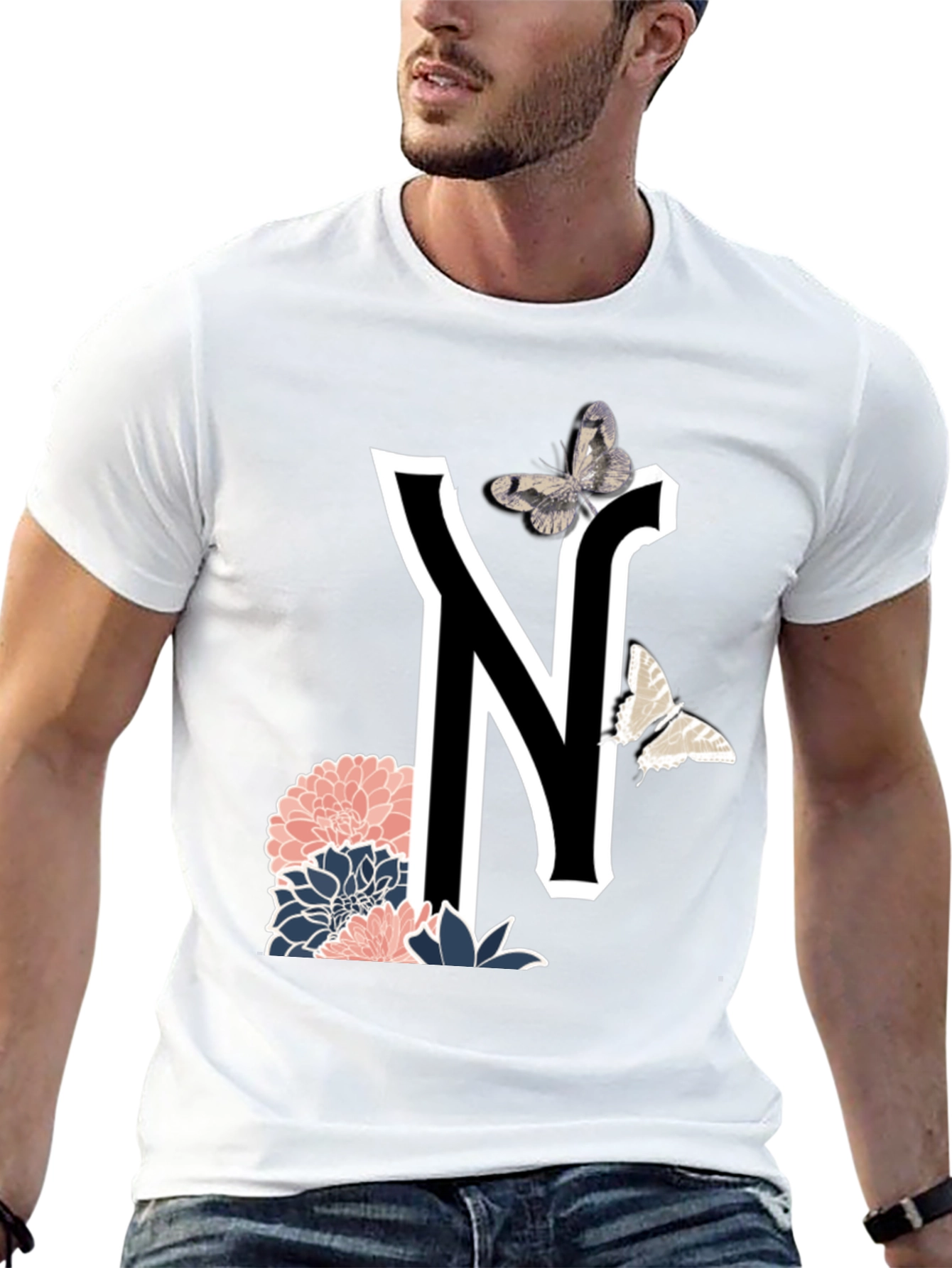Letter N Floral Butterfly T-Shirt