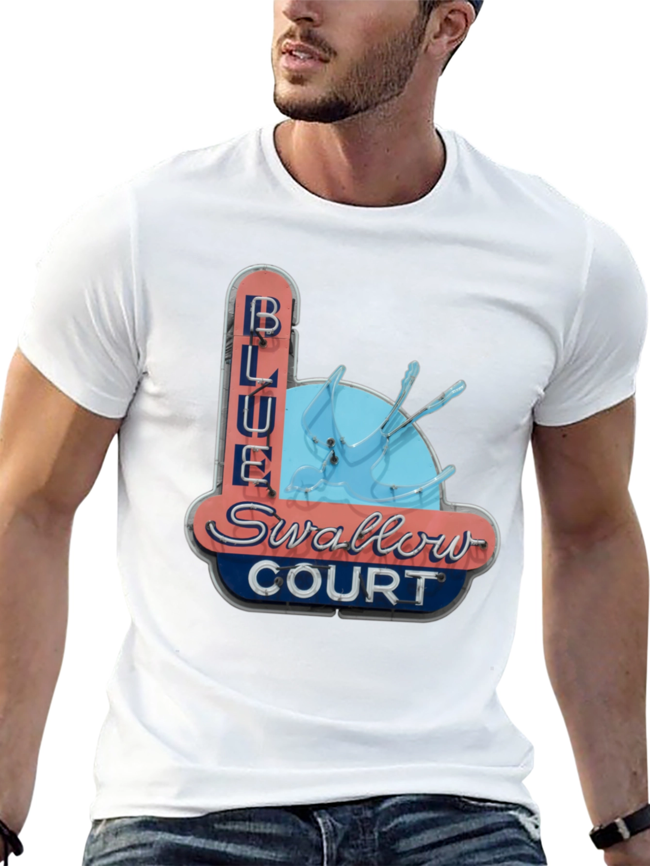 Blue Swallow Court T-Shirt - Retro Motel Tee