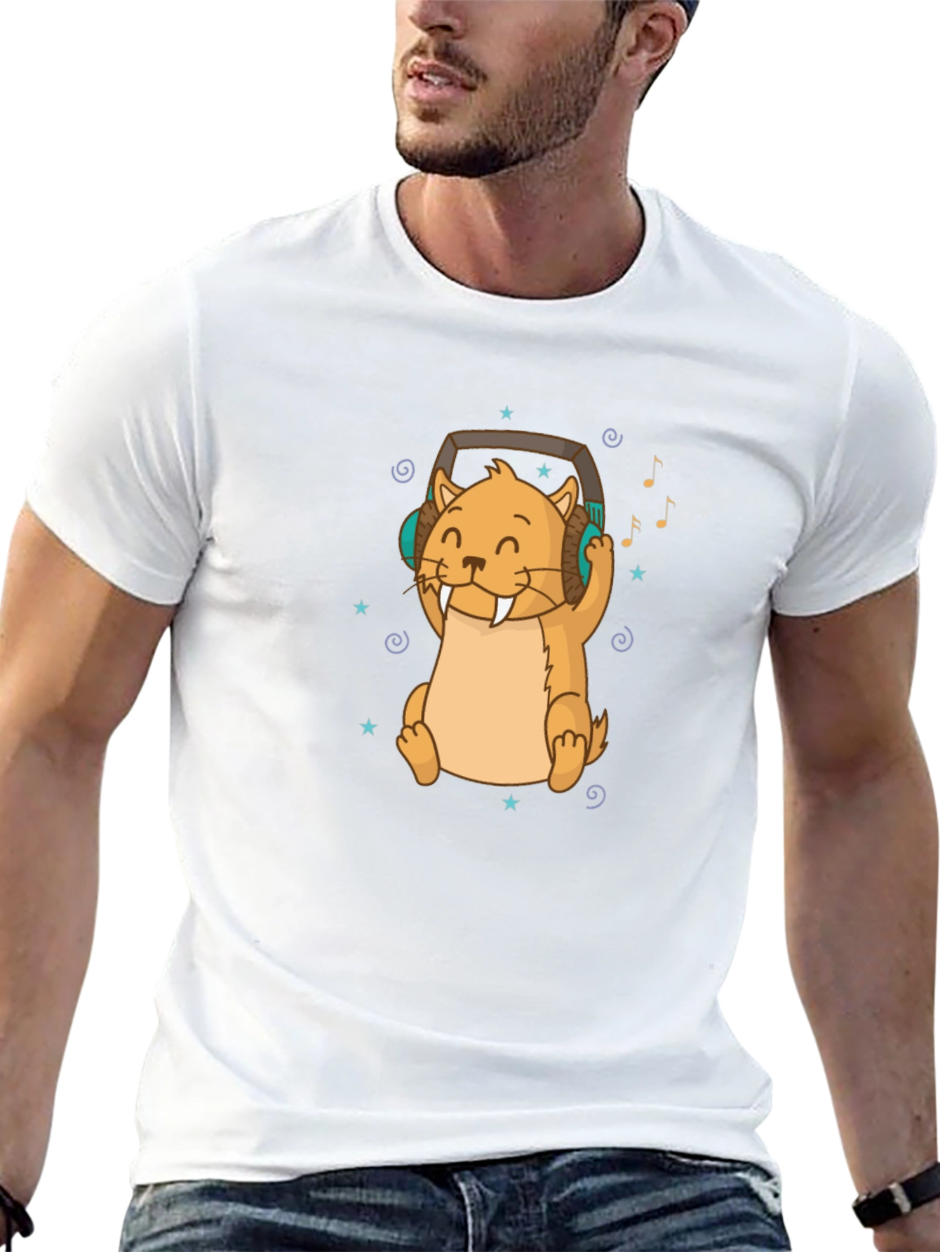 Cute Otter with Headphones Black T-Shirt