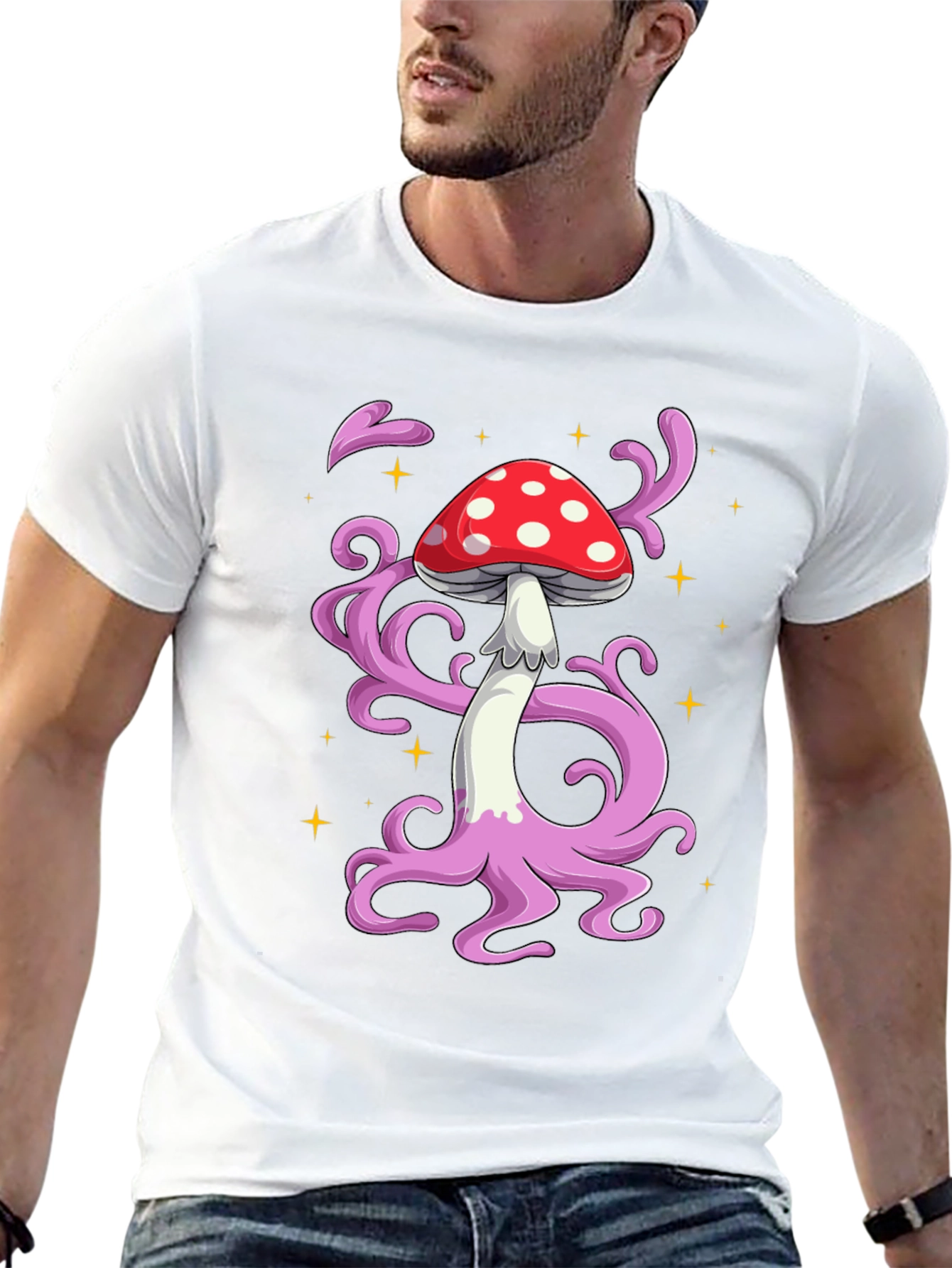 Funky Mushroom Graphic Tee - Black Cotton T-Shirt