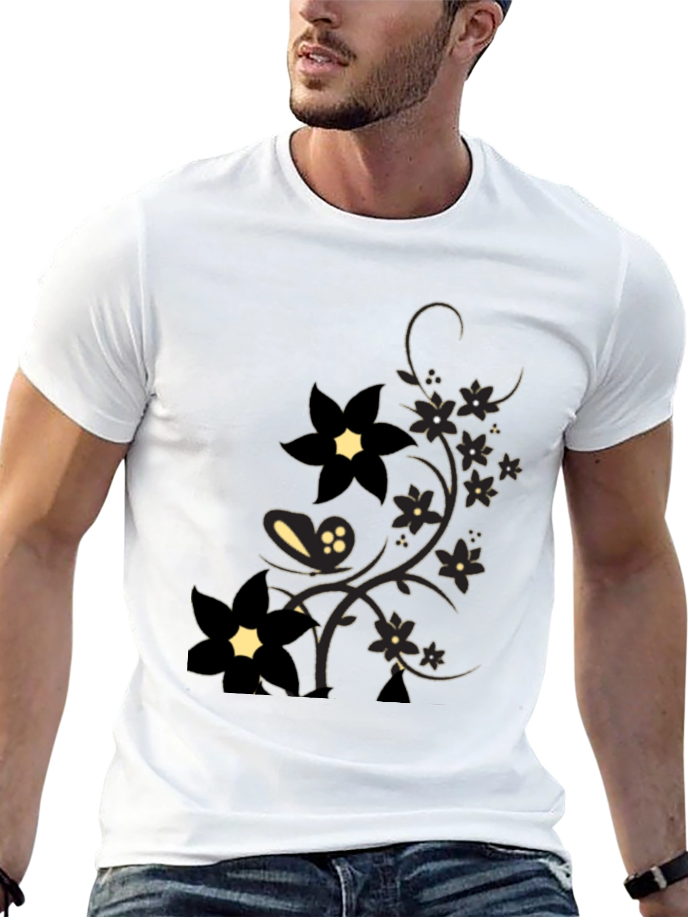 Floral Print Mens Black T-Shirt