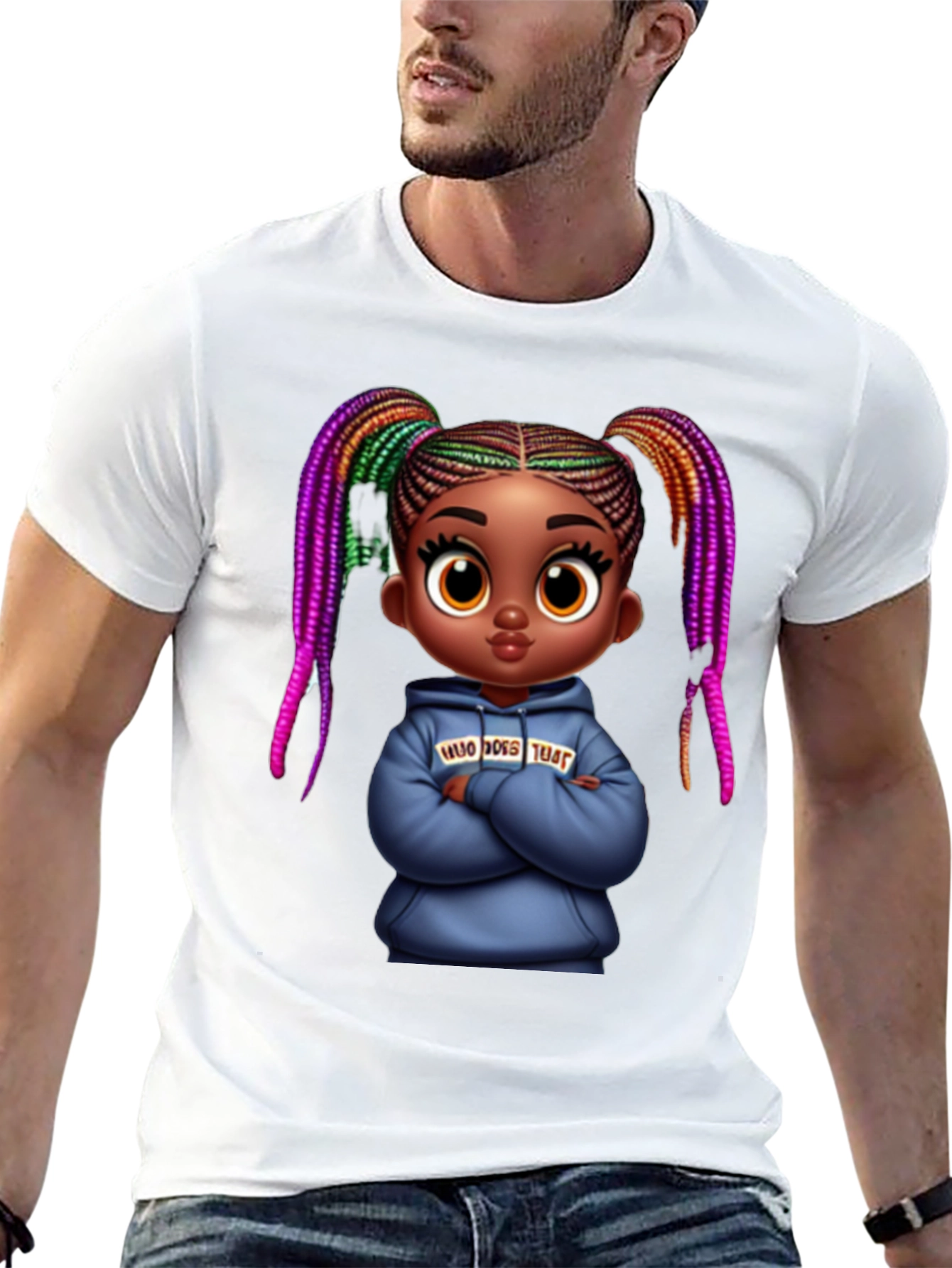 Stylish Black Graphic Tee with Cartoon Girl Print