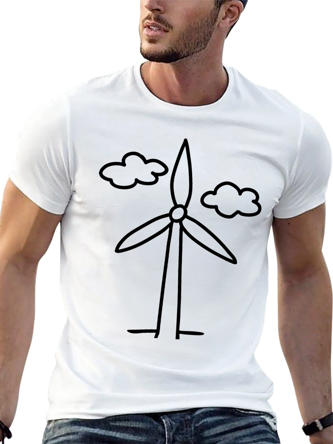 Eco-Friendly Wind Turbine Graphic T-Shirt - Black