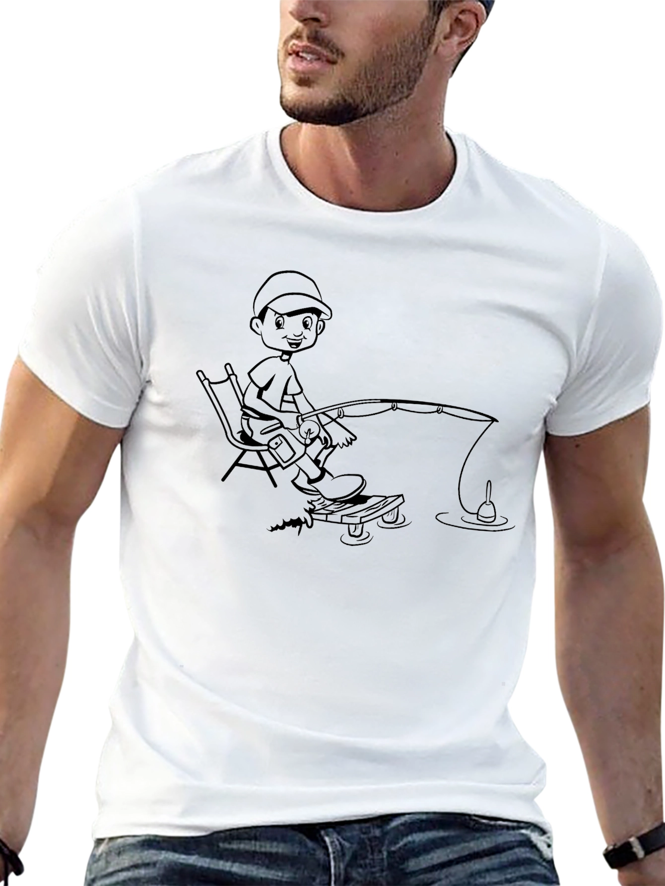 Fishing Boy Graphic Tee - Black Cotton Casual T-Shirt