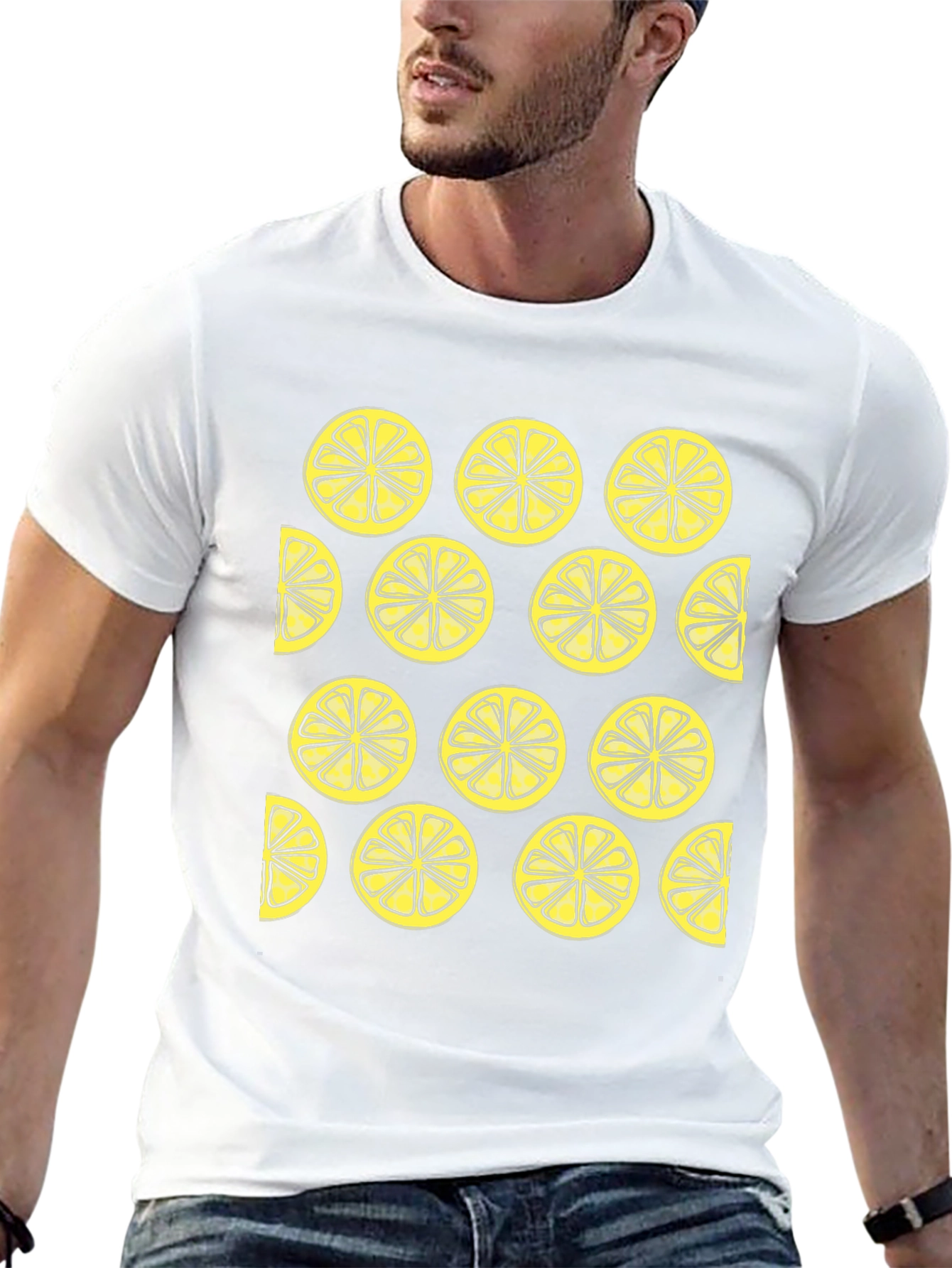 Lemon Slice Pattern Black Crewneck T-Shirt