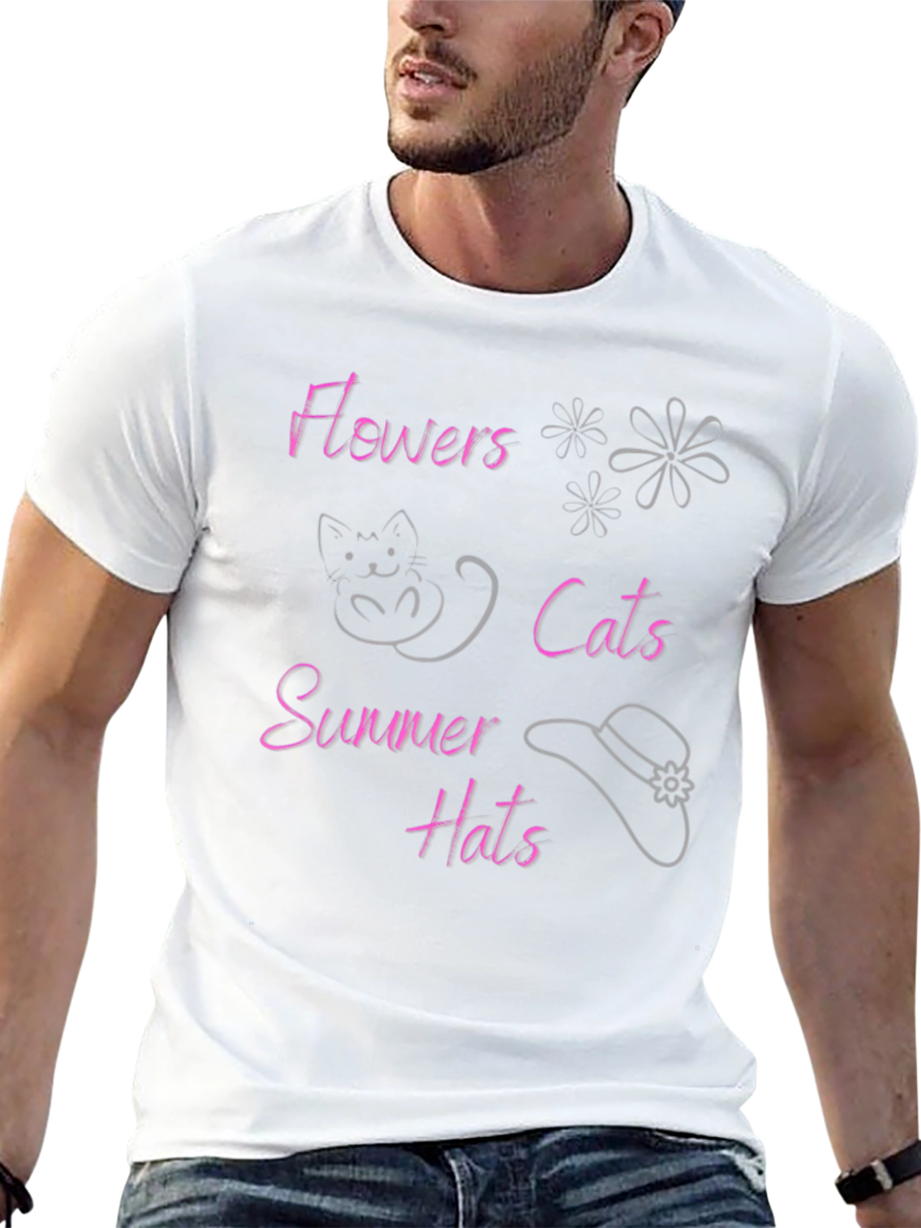 Flowers Cats Summer Hats Black T-Shirt