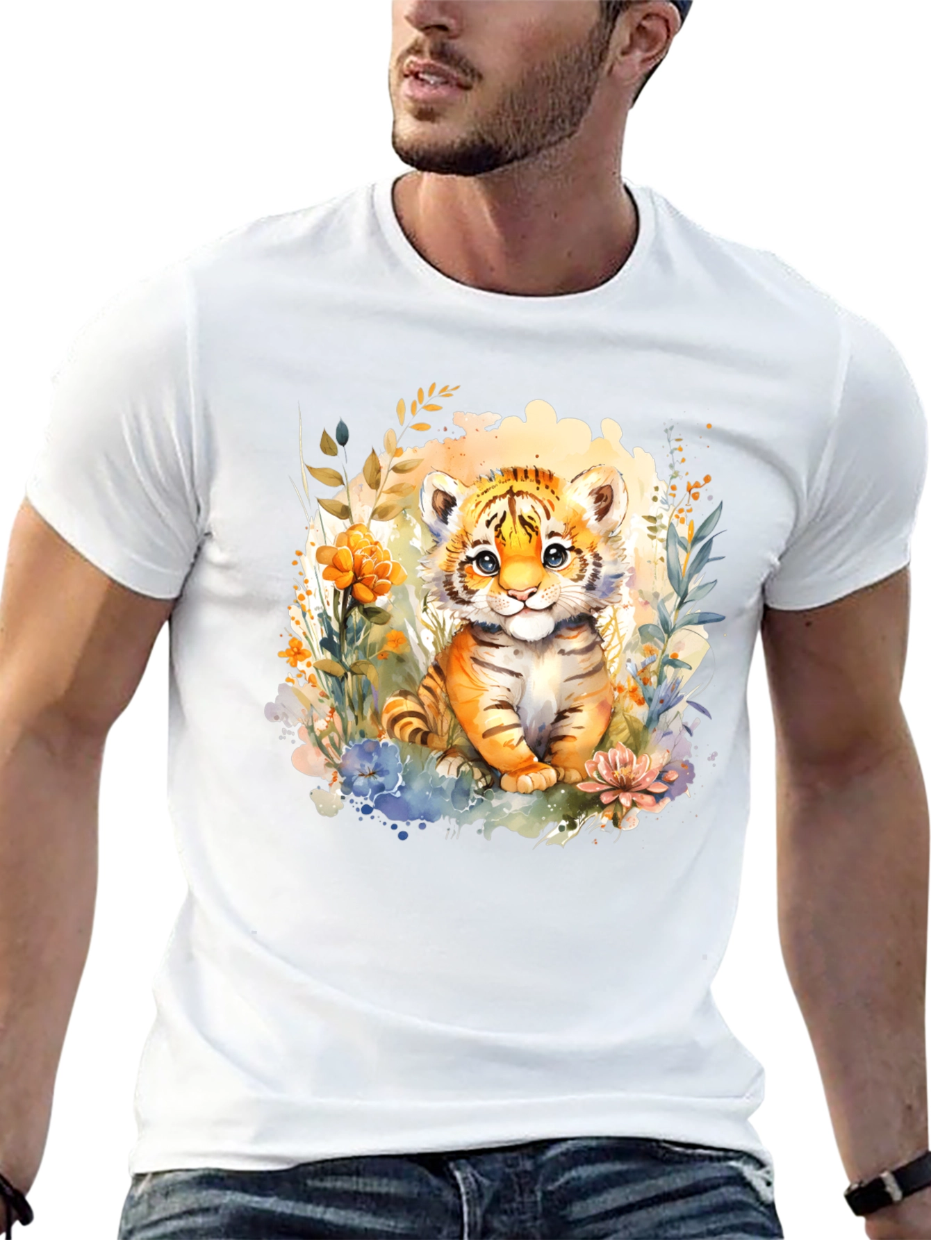 Cute Tiger Cub Floral Graphic T-Shirt