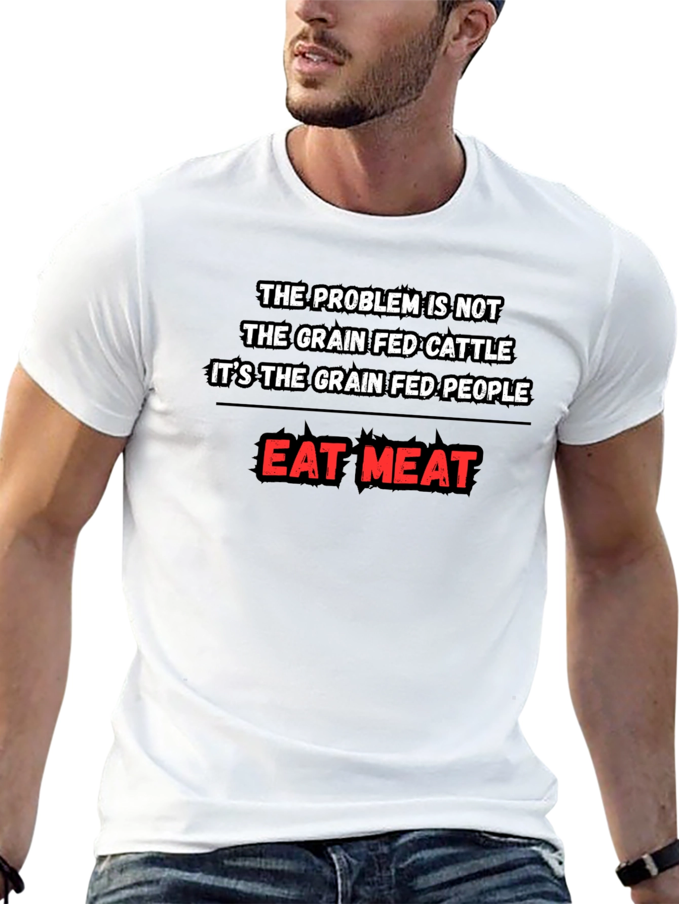 Eat Meat Black T-Shirt Grain Fed Cattle/People Design