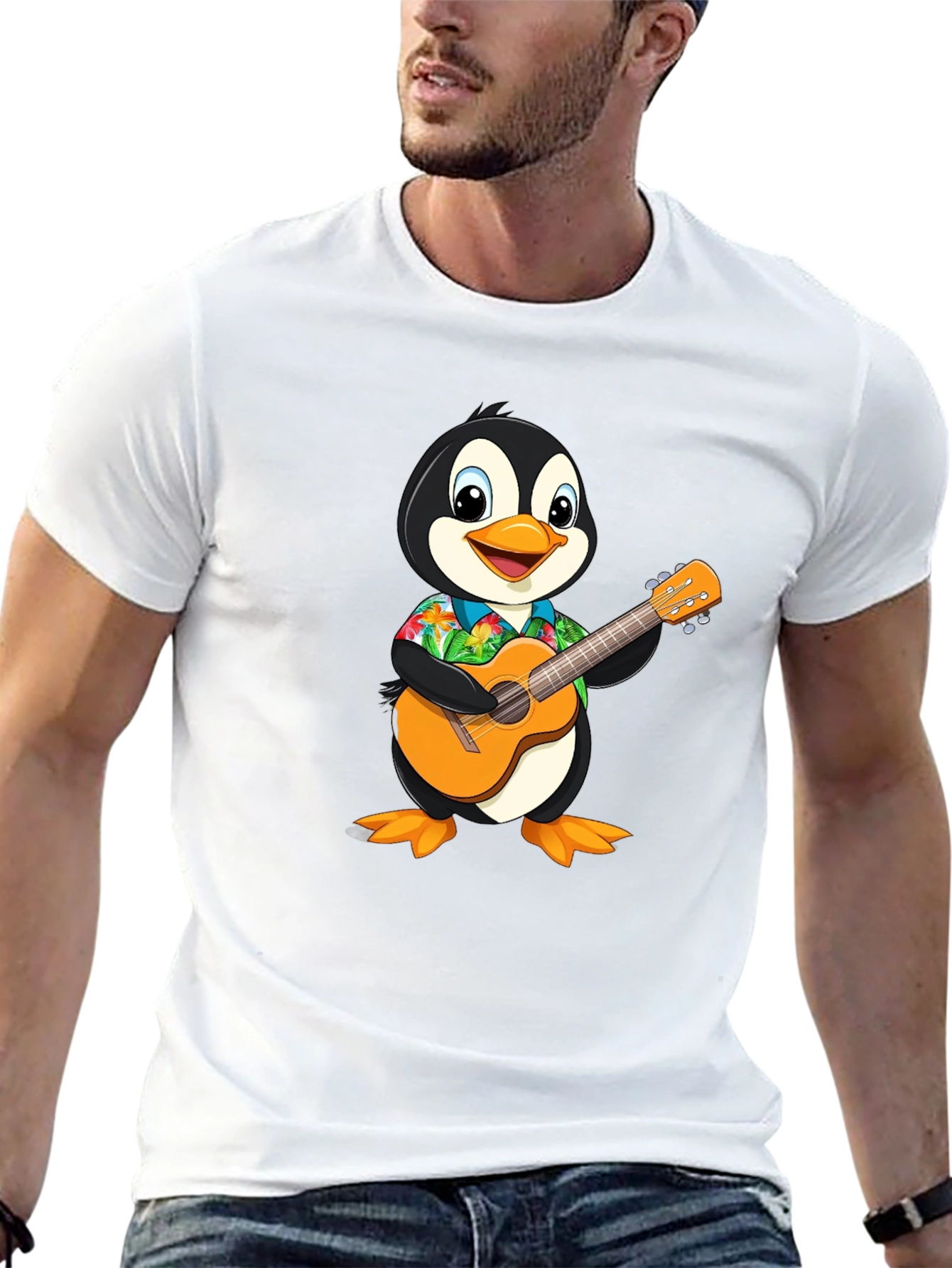Penguin Guitar Hawaiian Shirt Graphic Tee