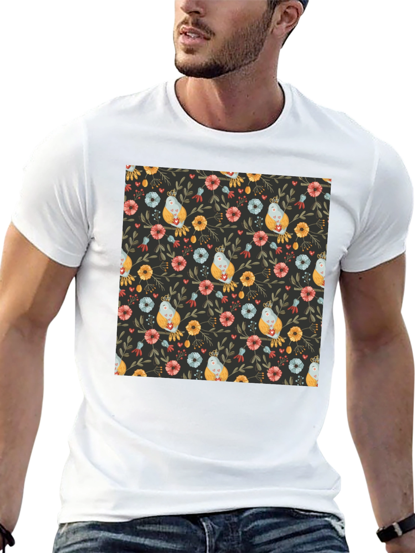 Floral Bird Print Black T-Shirt