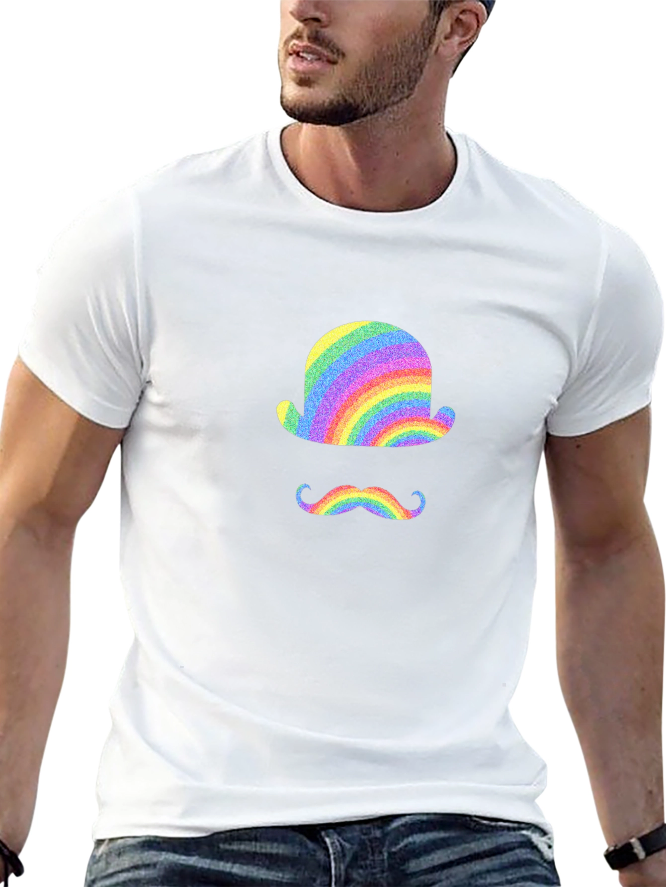 Rainbow Bowler Hat & Moustache Black T-Shirt