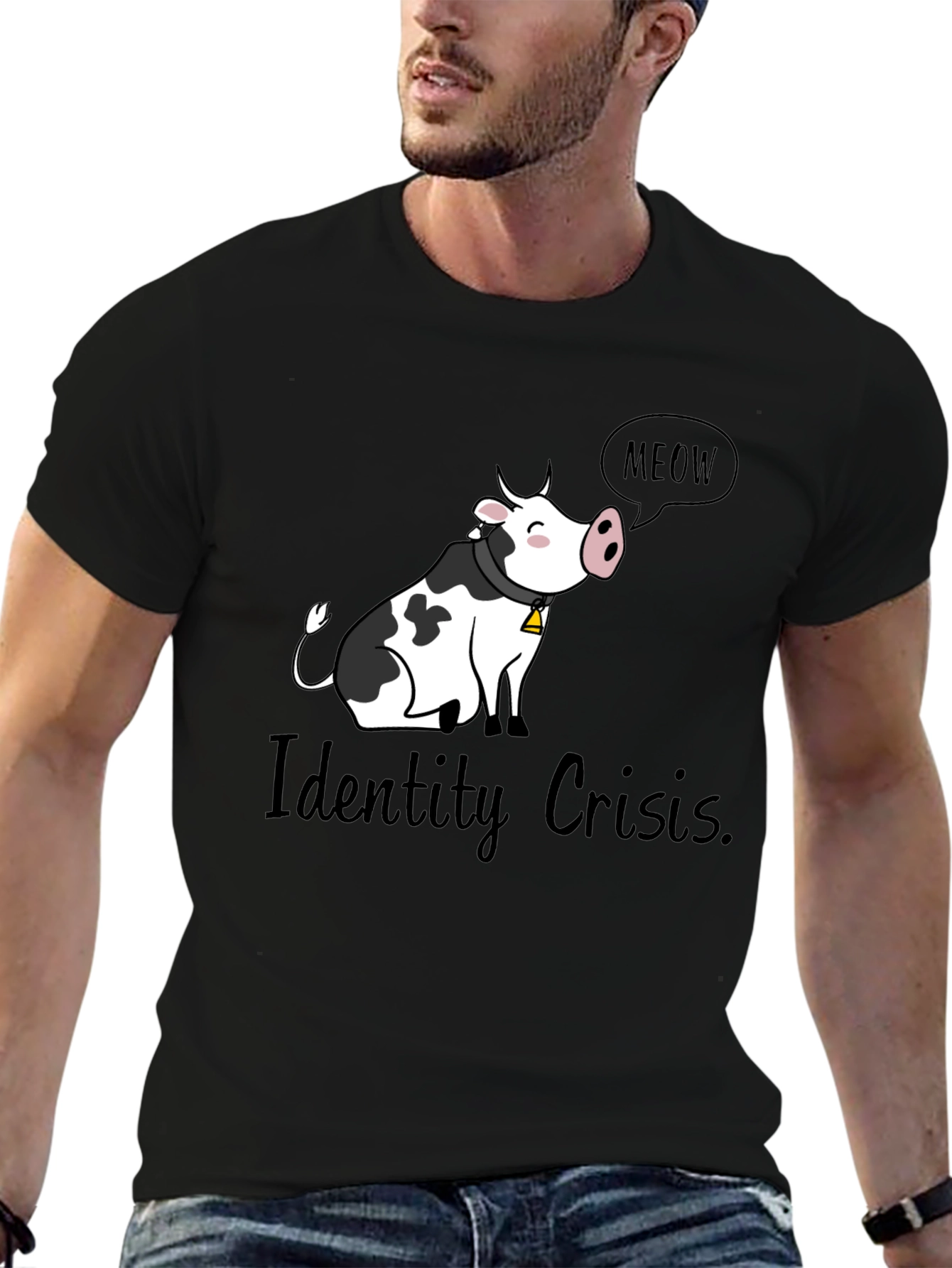 Identity Crisis Cow Meow Black T-Shirt