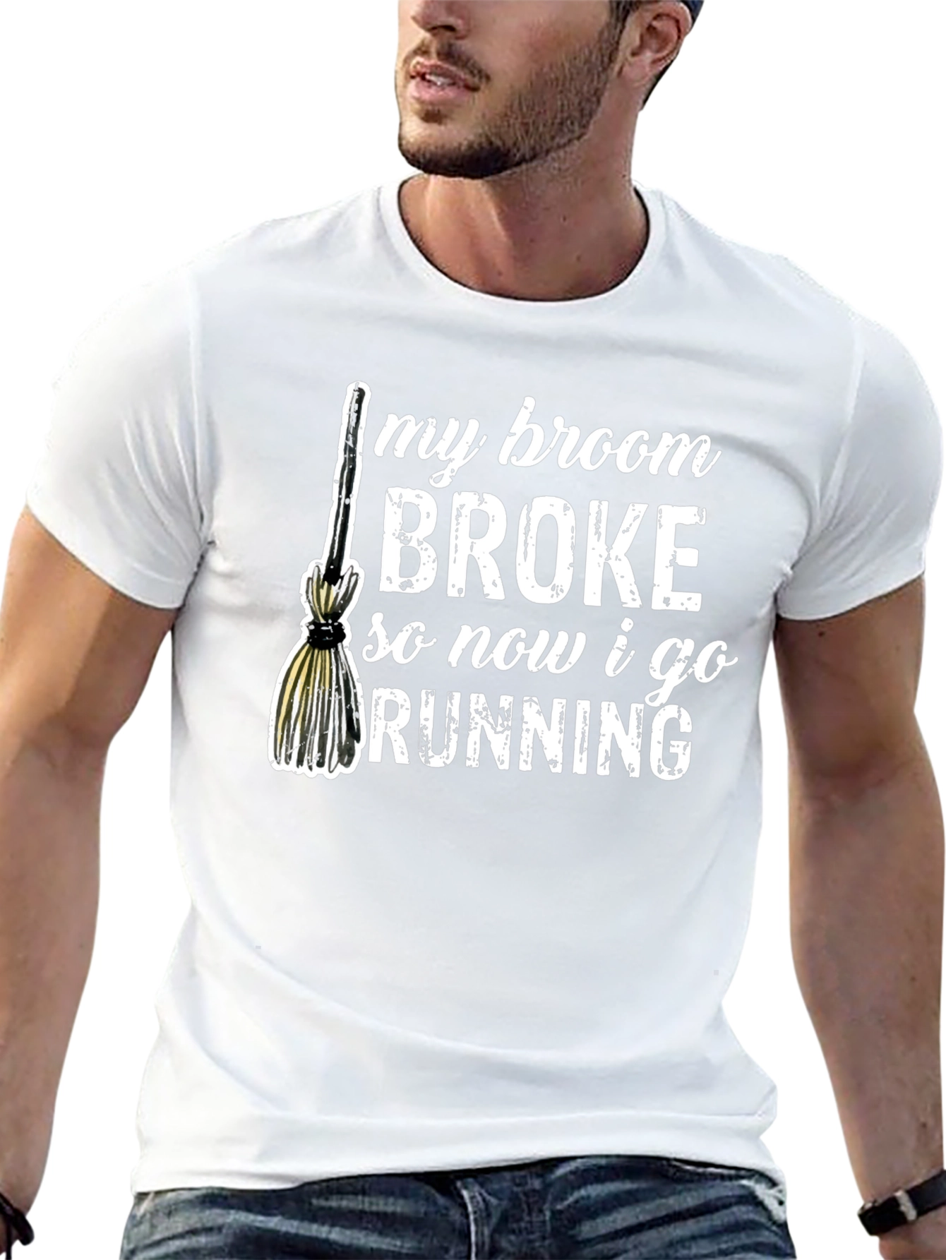 Broom Broke Running T-Shirt - Funny Halloween Tee