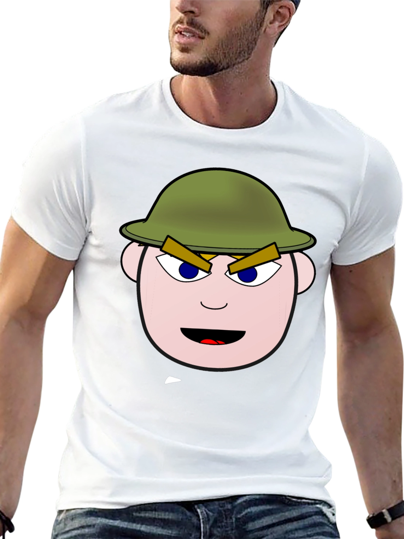 Cartoon Soldier Graphic Tee - Black Cotton Blend Shirt