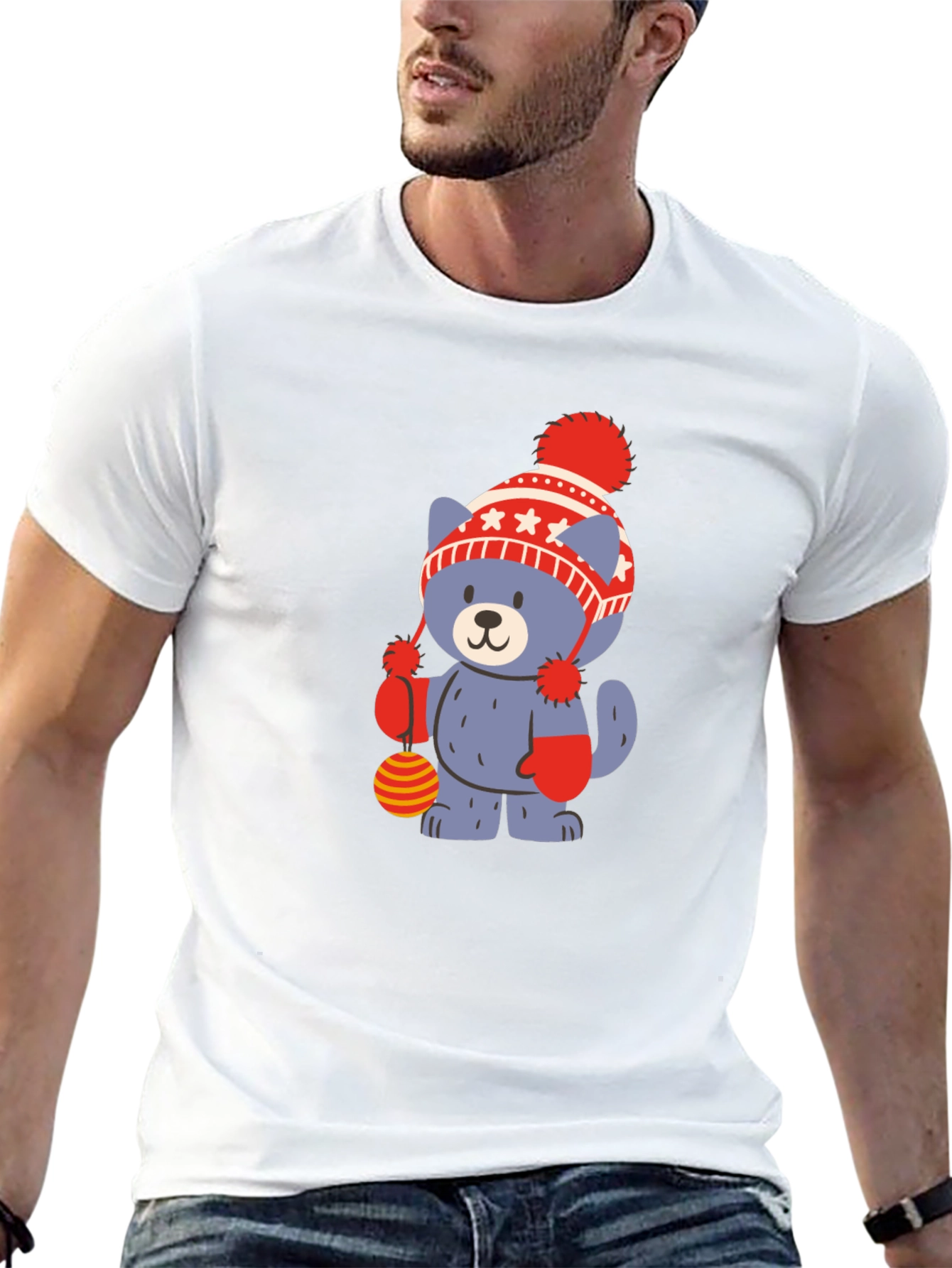 Cute Cartoon Bear in Hat Black T-Shirt