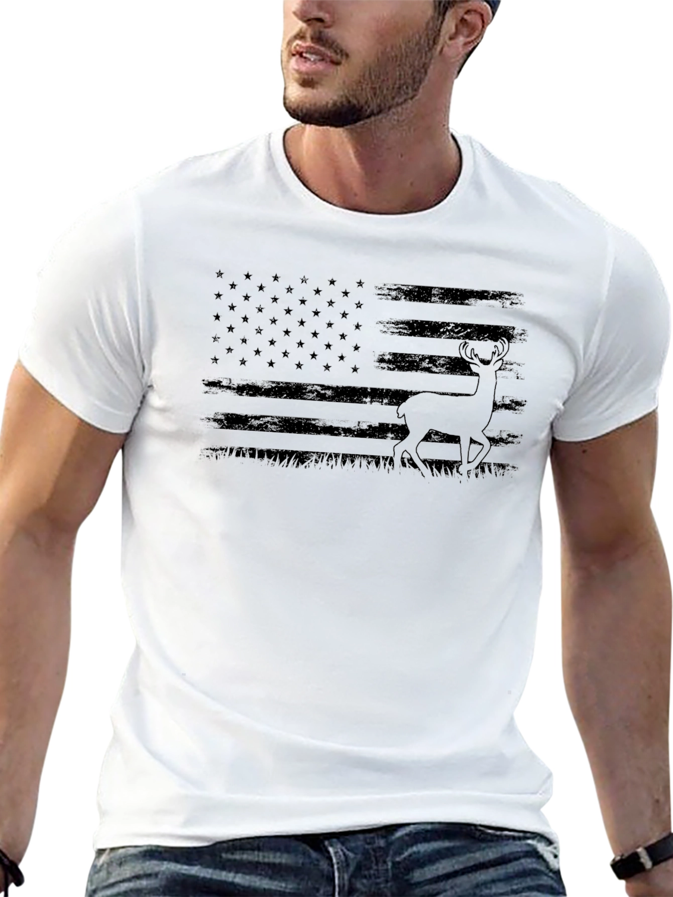 American Flag Deer Black T-Shirt