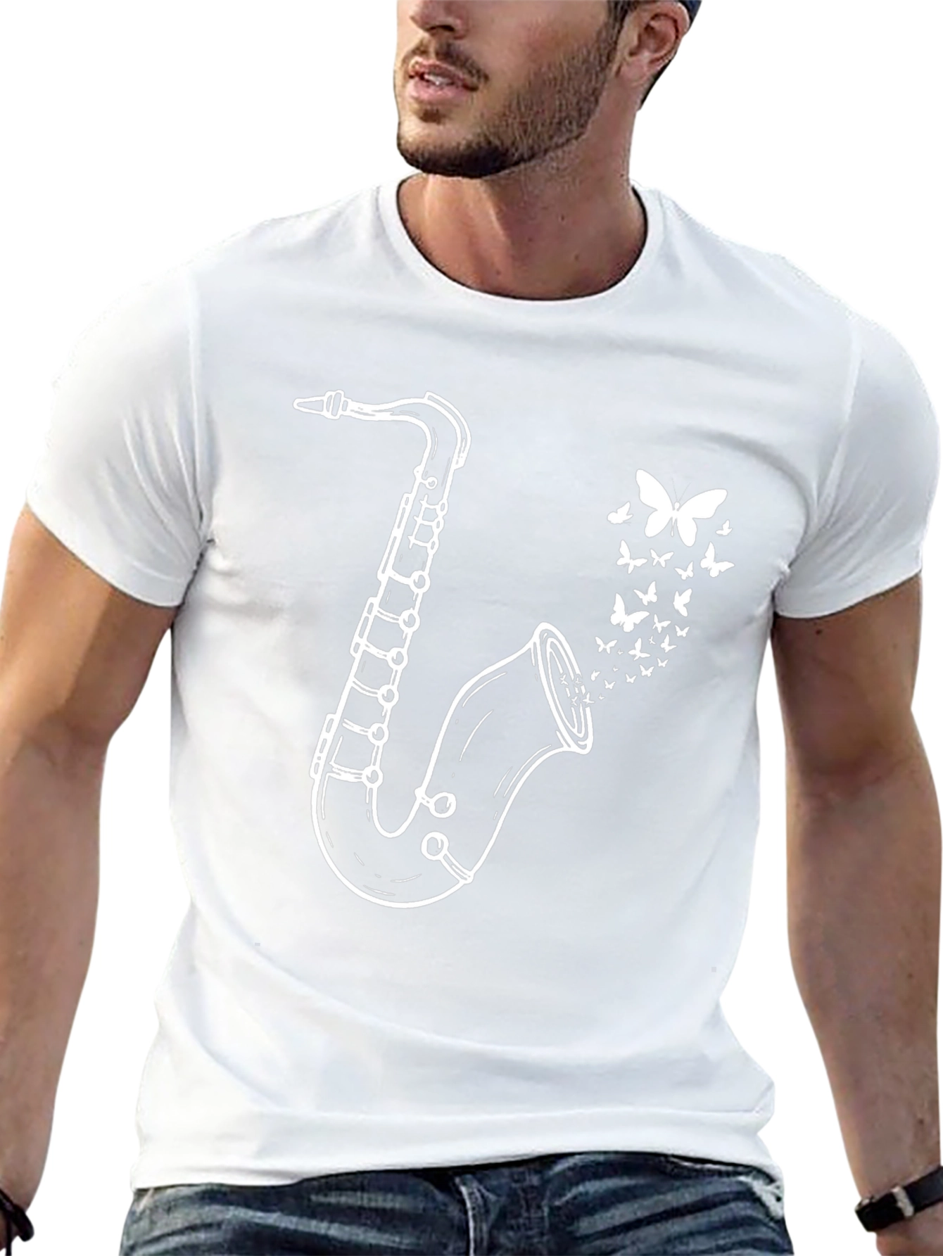 Saxophone Butterfly Graphic Tee - Black Casual T-Shirt