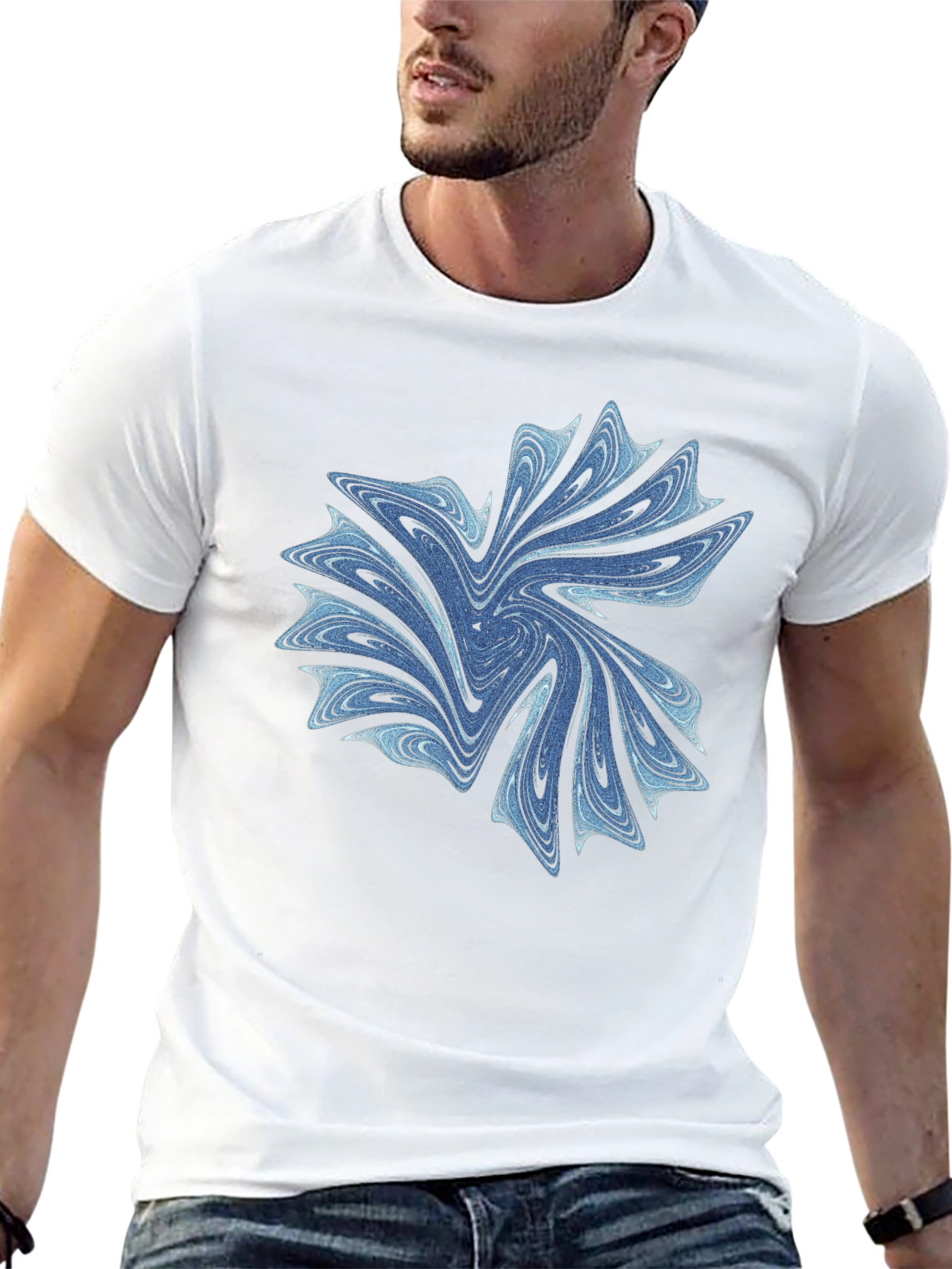 Abstract Blue Swirl Graphic Black T-Shirt