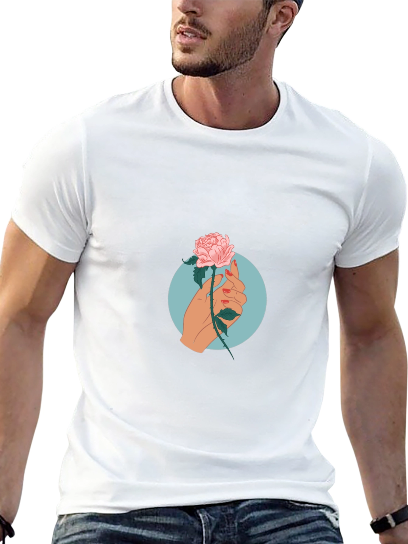 Rose Hand Graphic Print Tee - Casual Black T-Shirt
