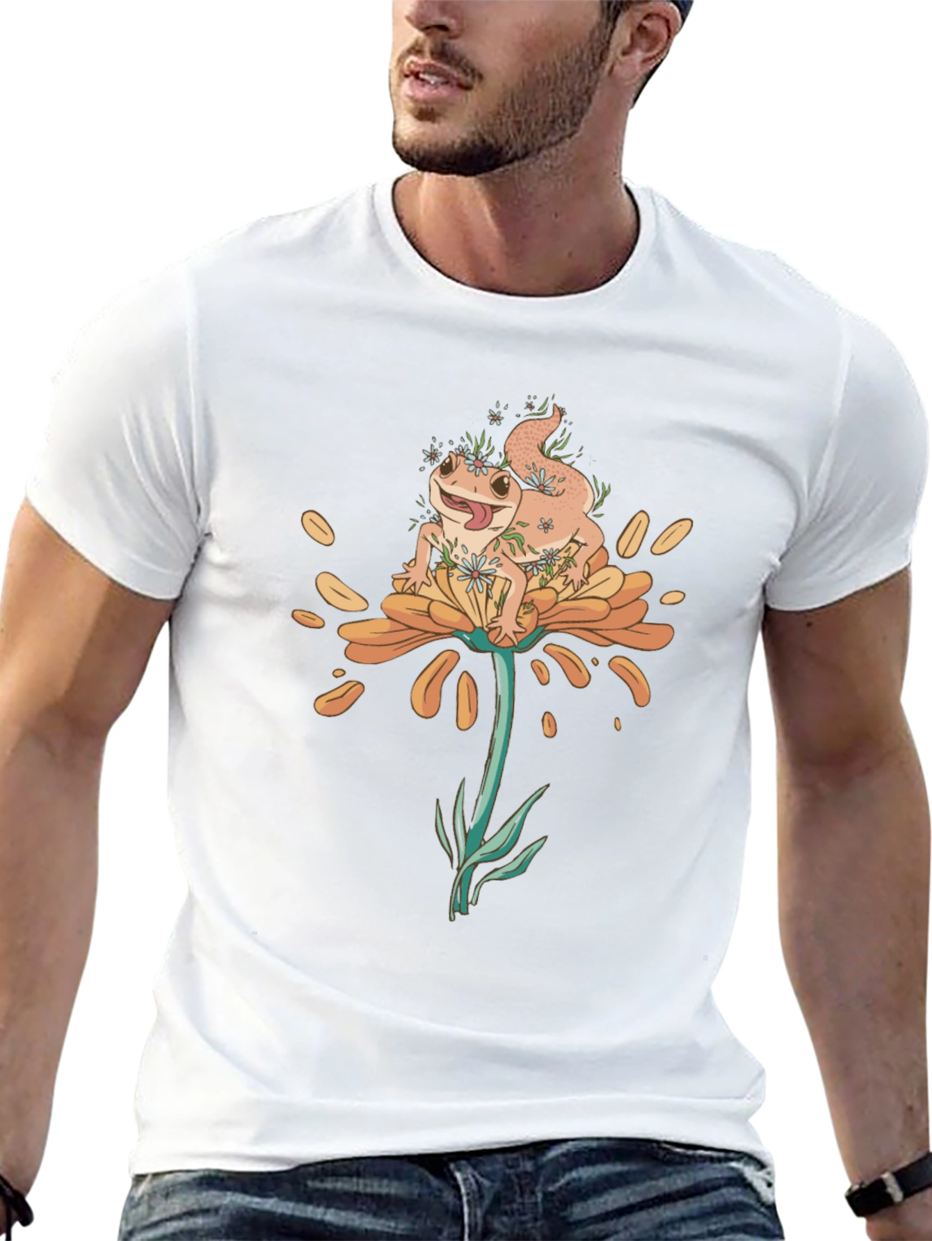 Gecko on Flower Graphic T-Shirt - Black