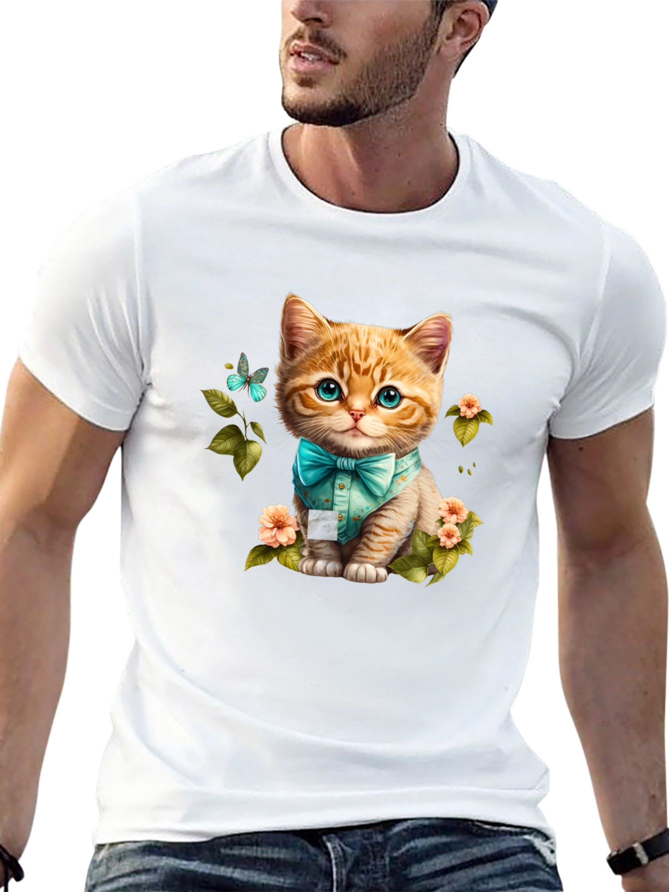 Cat with Bow Tie Graphic Tee - Black