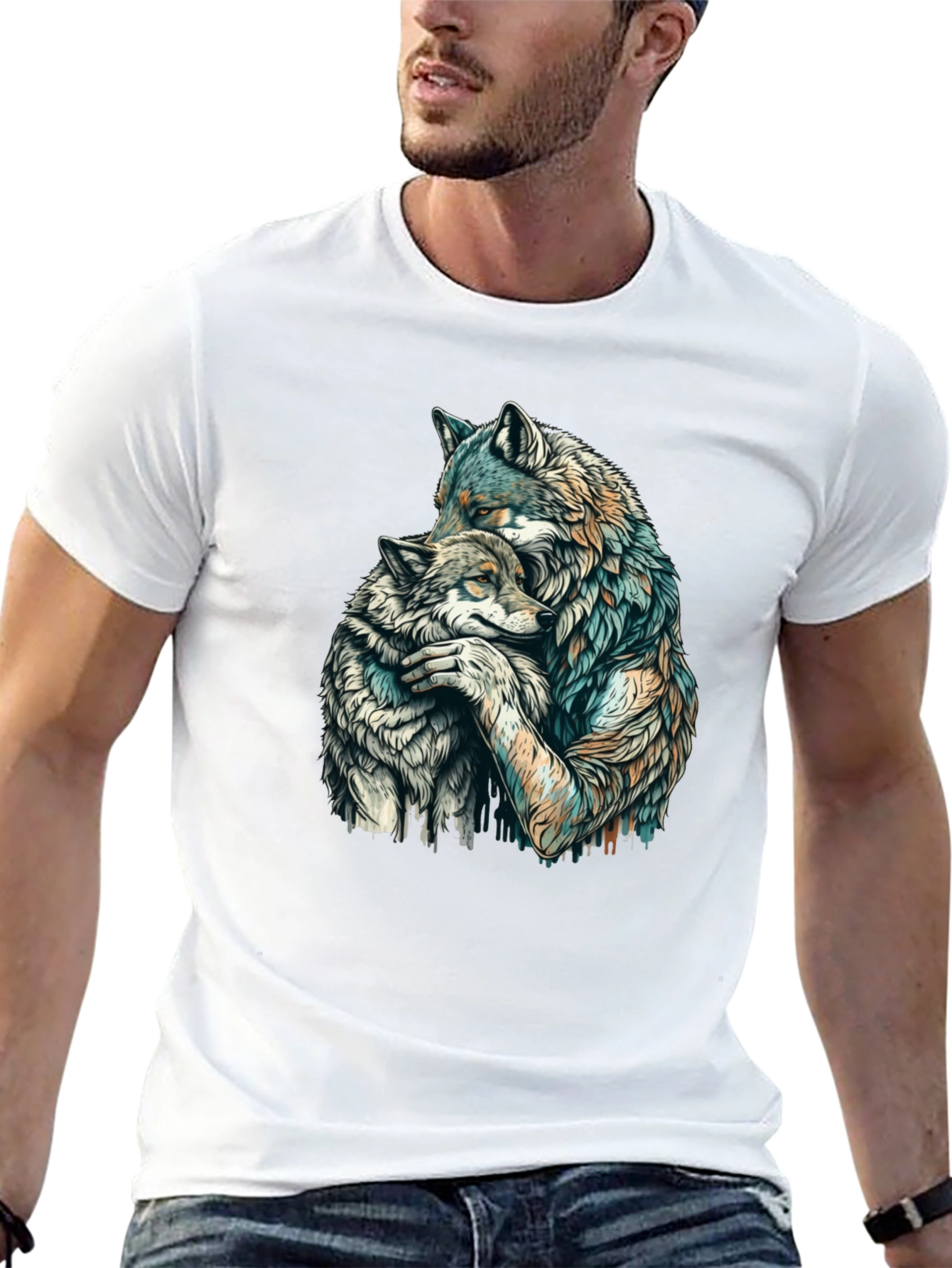 Wolf Hug Graphic Tee - Black Cotton Blend
