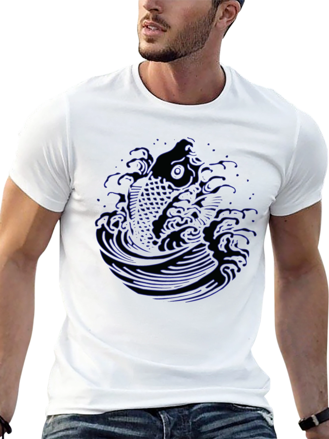 Koi Fish Wave Graphic Tee - Mens Black T-Shirt