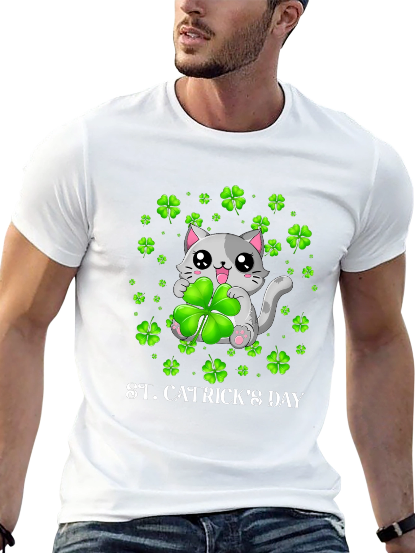 St. Catricks Day T-Shirt - Lucky Cat Clover Design