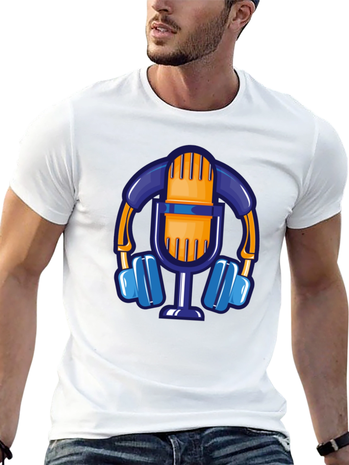 Cartoon Microphone & Headphone Graphic T-Shirt