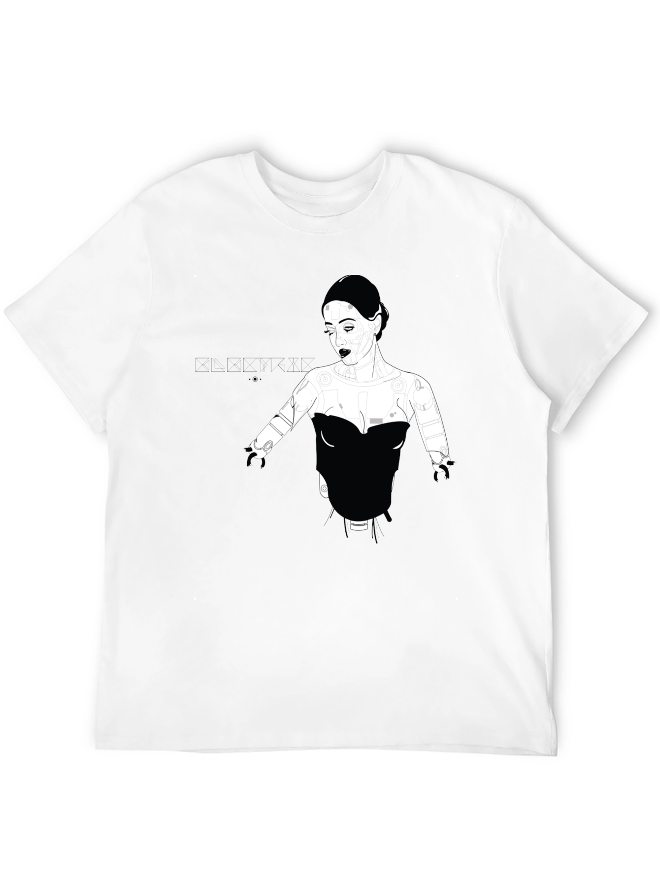 Graphic Print Black T-Shirt - Elegant Robot Woman
