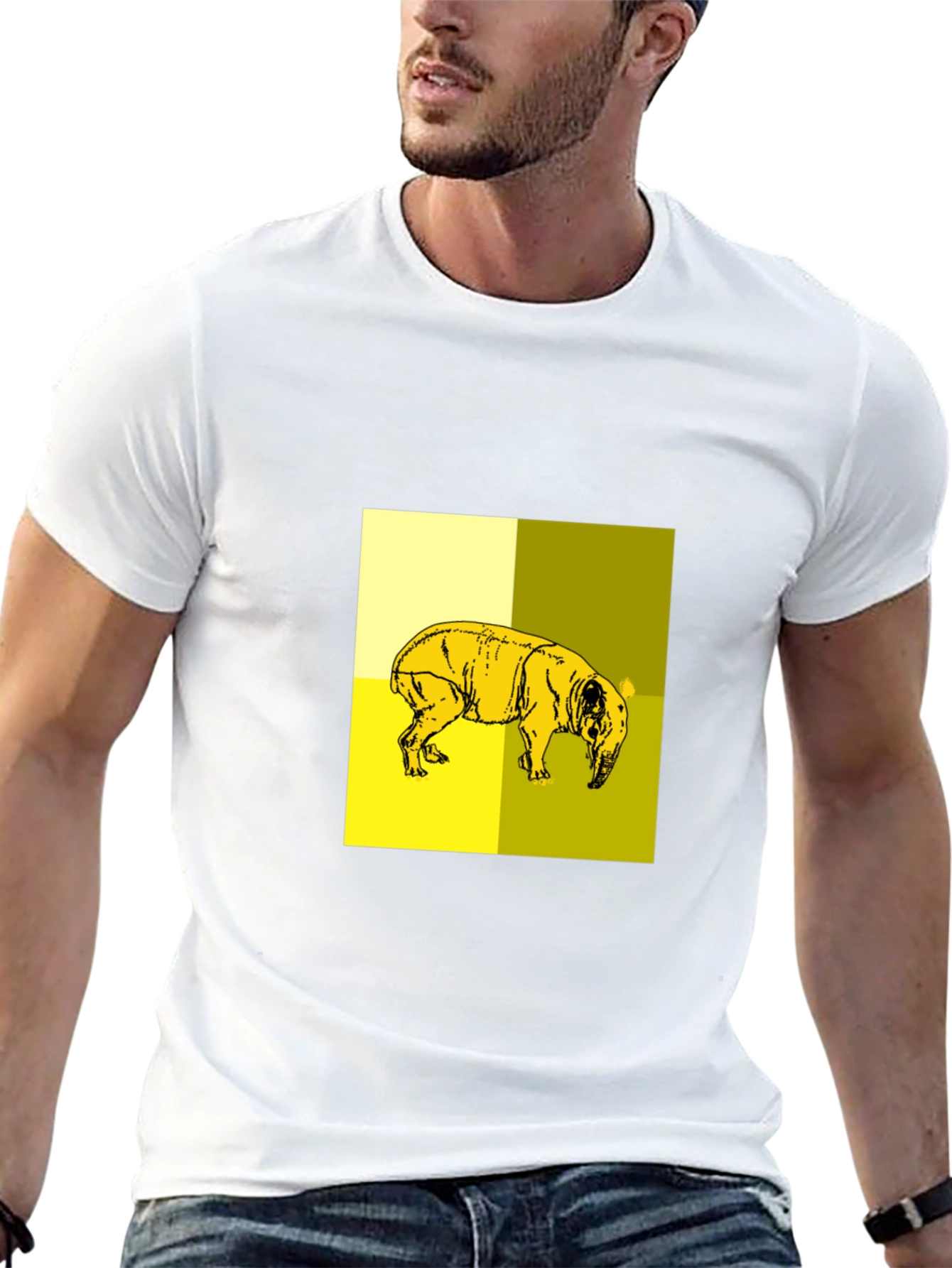 Abstract Yellow Pig Graphic Black T-Shirt