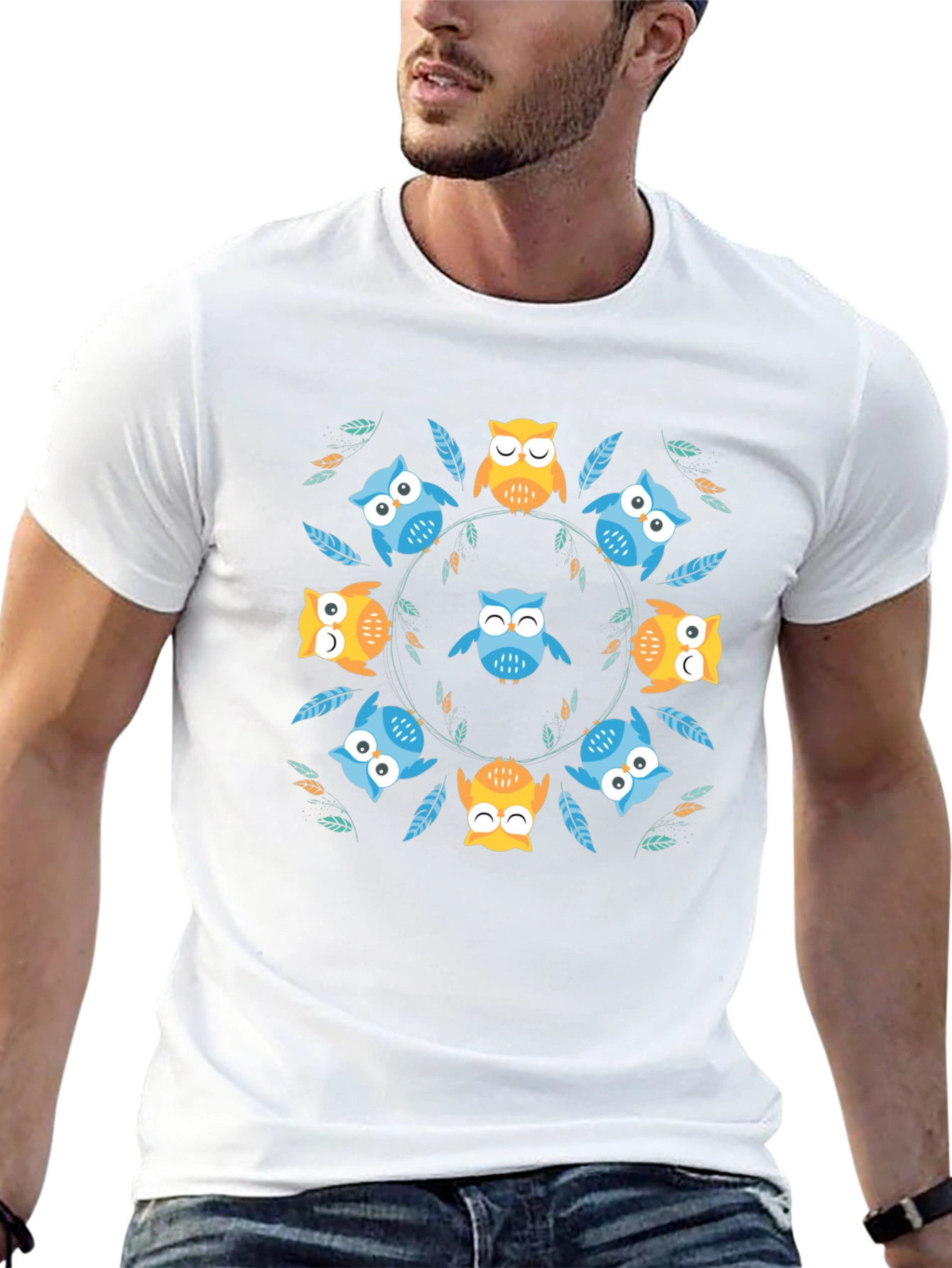 Cute Owl Circle Print Black T-Shirt