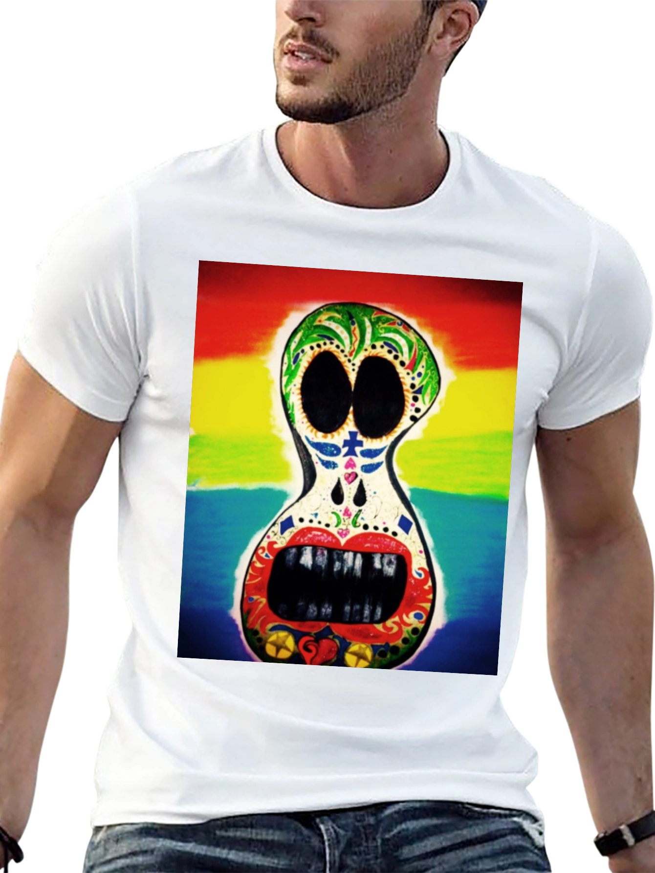 Rainbow Sugar Skull Graphic Tee - Mens Black T-Shirt