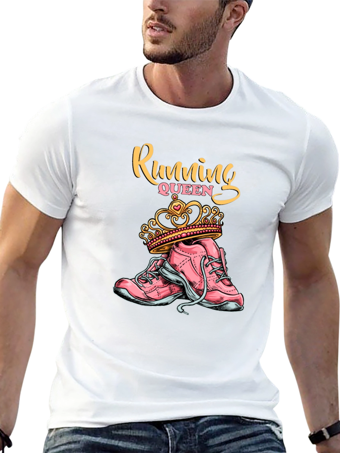 Running Queen T-Shirt - Pink Sneakers and Crown Design