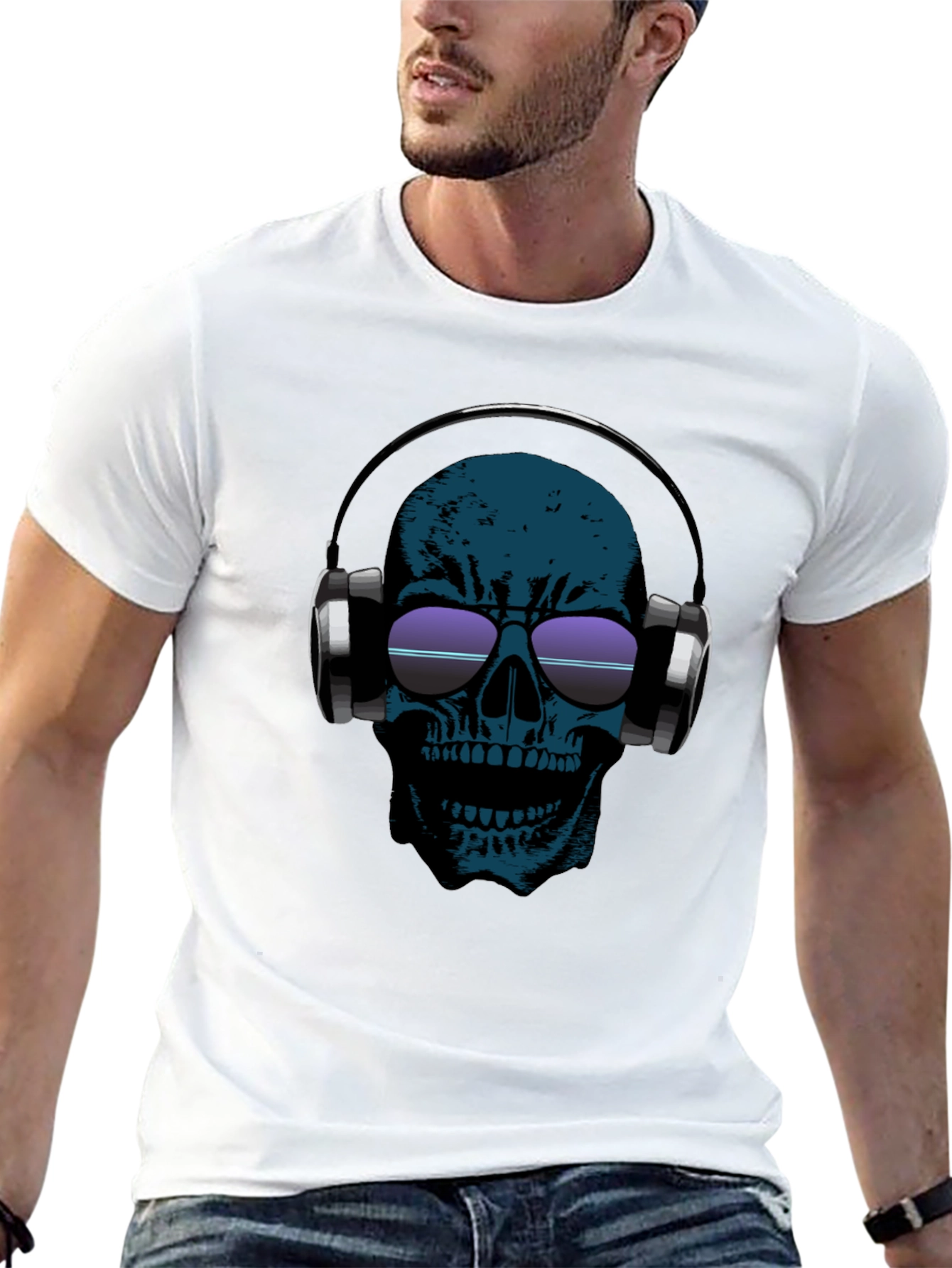 Skull Headphones Graphic Tee - Black Cotton Casual T-Shirt