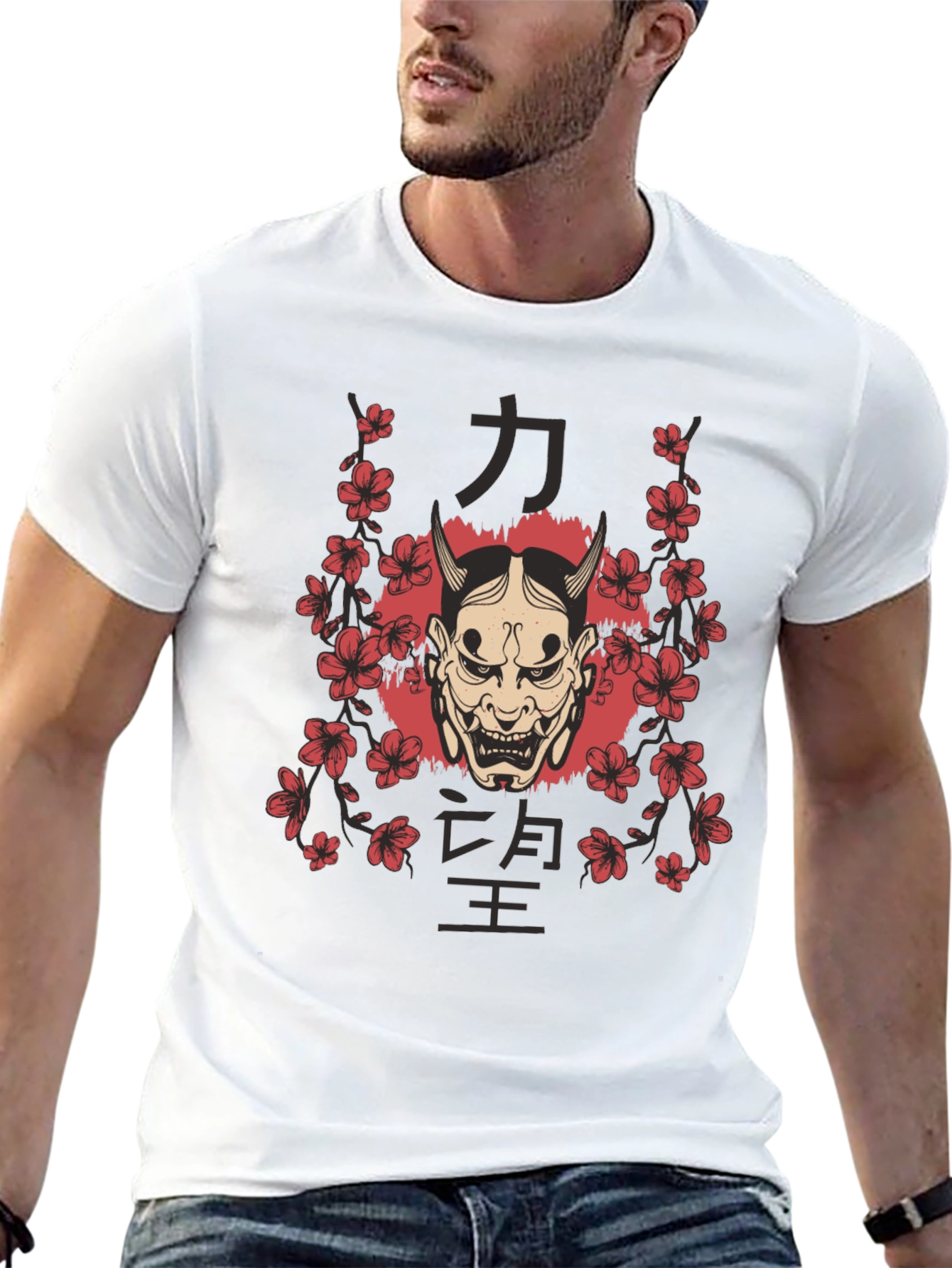 Mens Oni Mask Floral Graphic Black T-Shirt