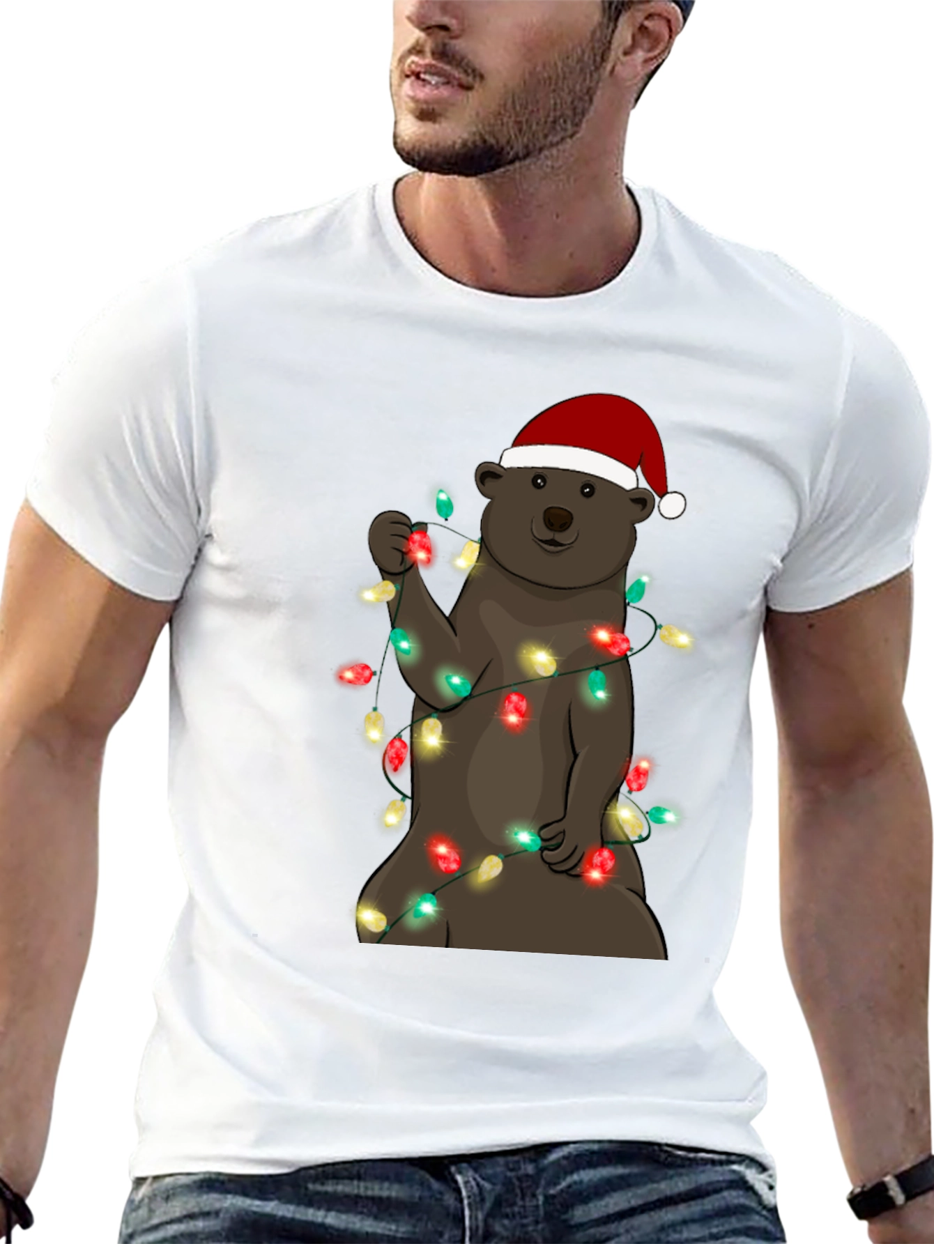Festive Bear T-Shirt with Christmas Lights & Santa Hat