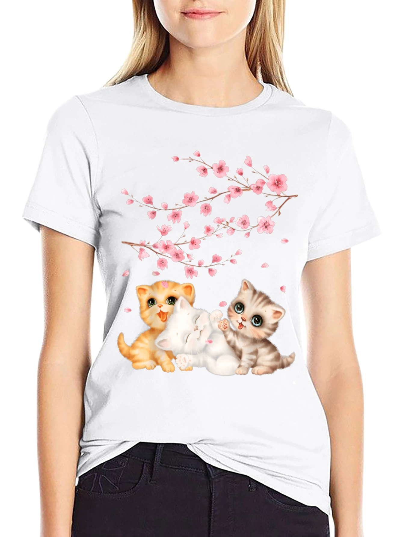 Cute Kittens & Cherry Blossoms Black T-Shirt