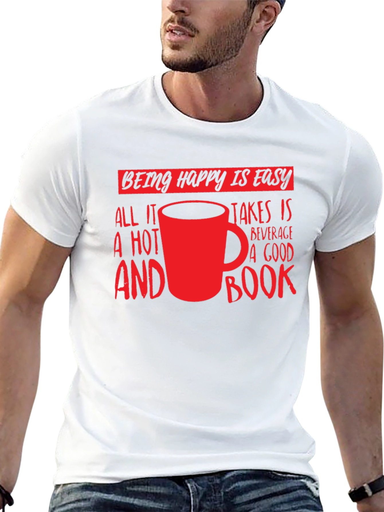 Happy Is Easy T-Shirt: Hot Beverage & Book