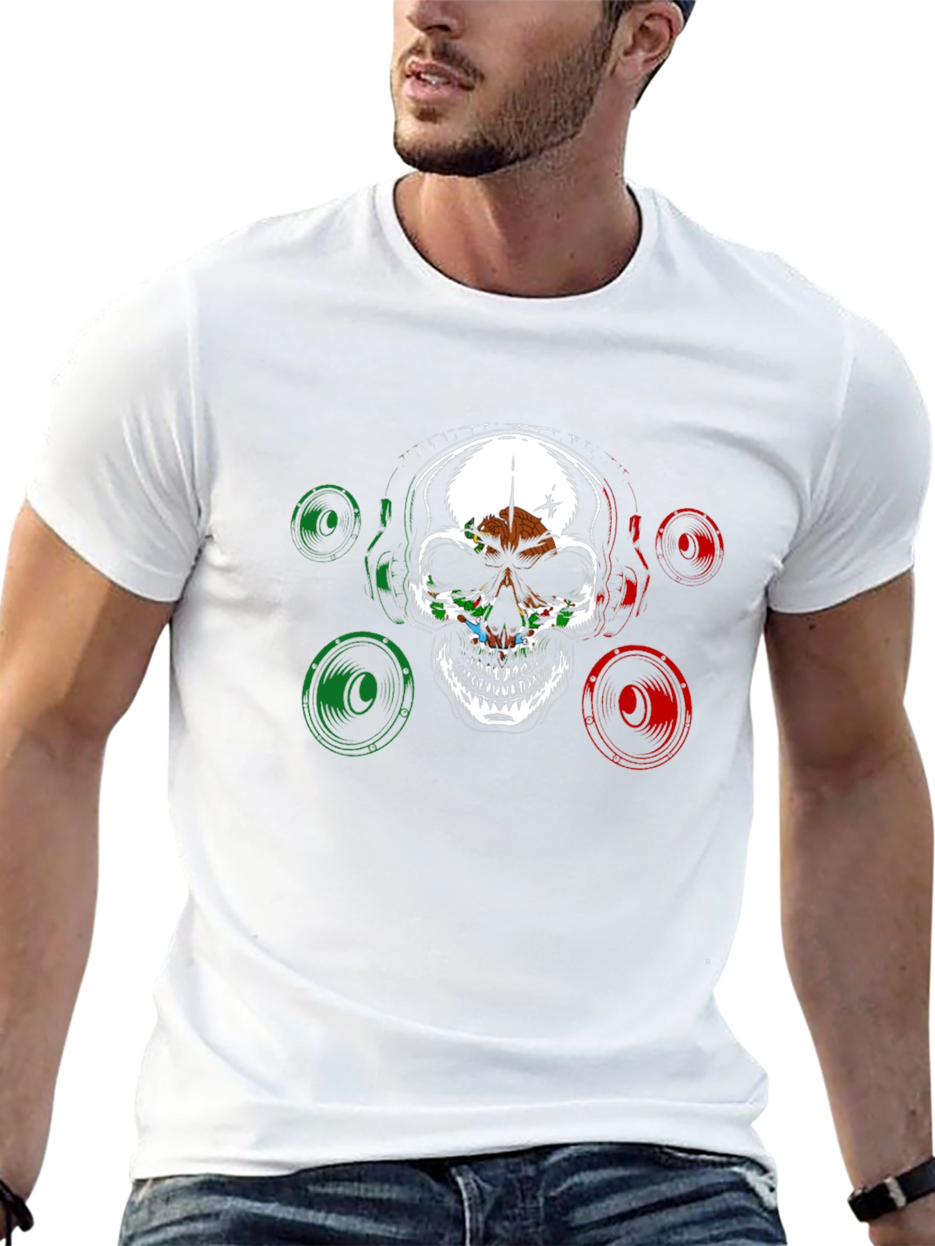 Skull & Speaker Graphic Tee - Mexican Flag Design