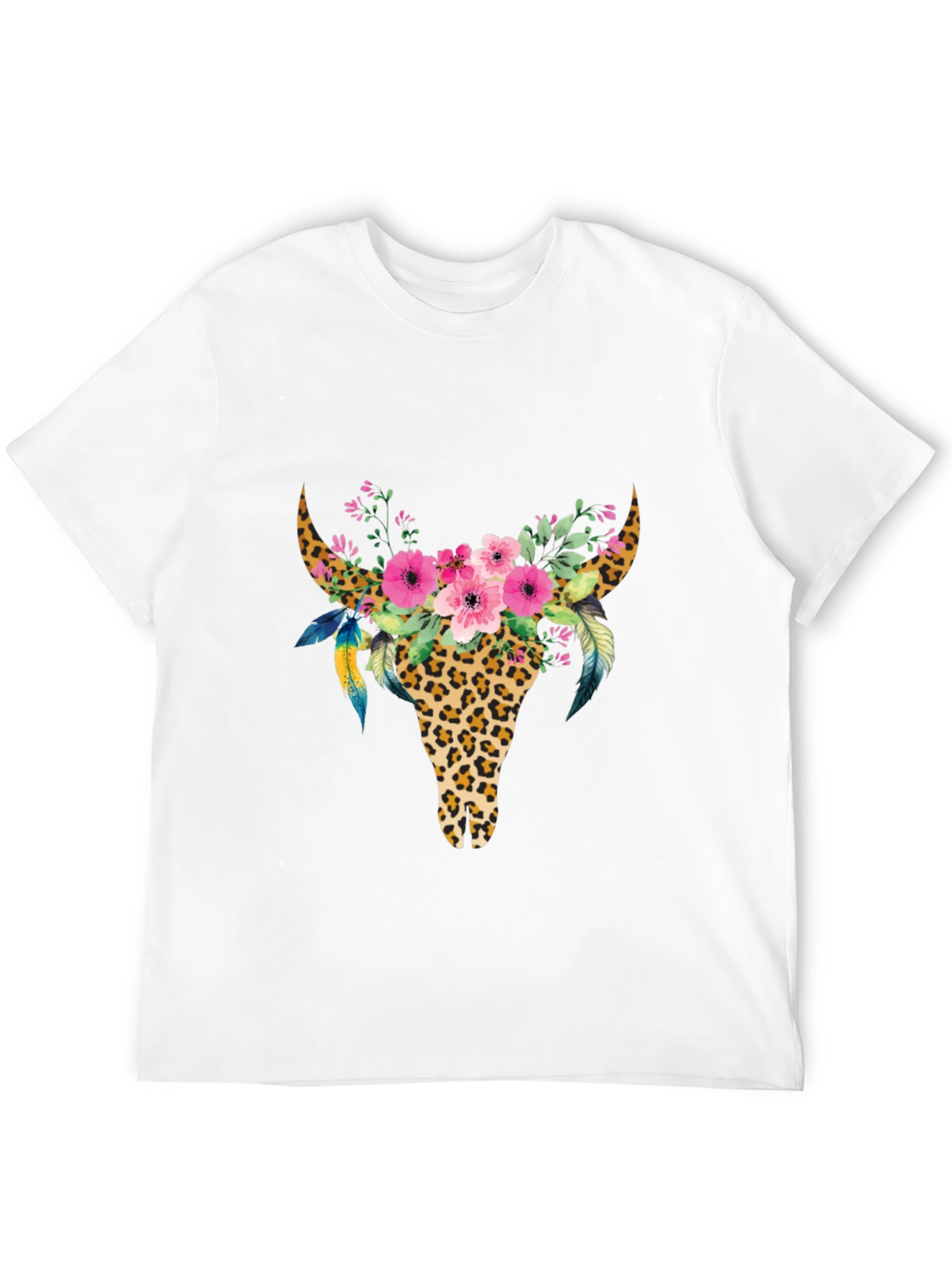 Boho Leopard Bull Skull Floral Graphic Tee