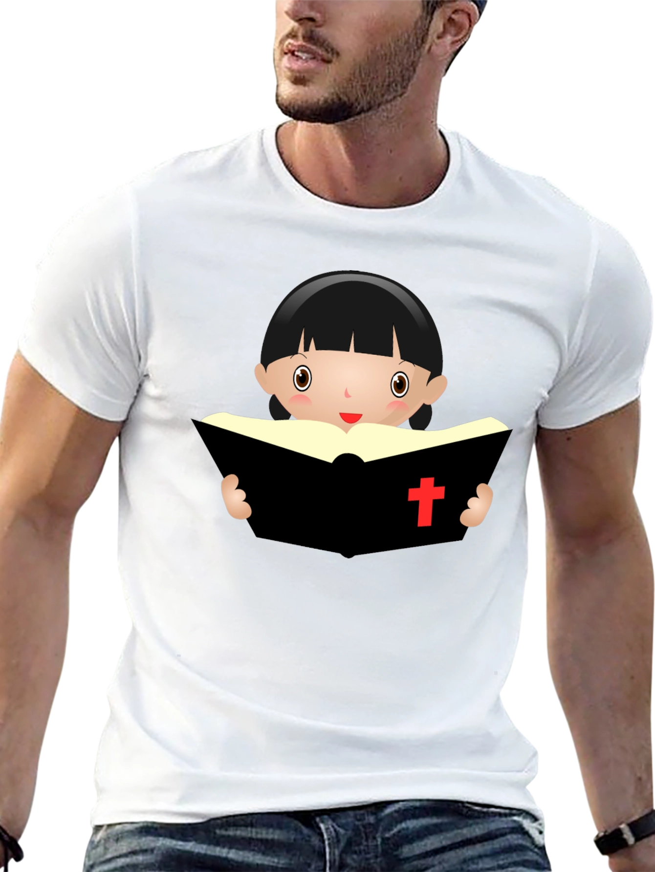 Cartoon Girl Reading Book - Black T-Shirt