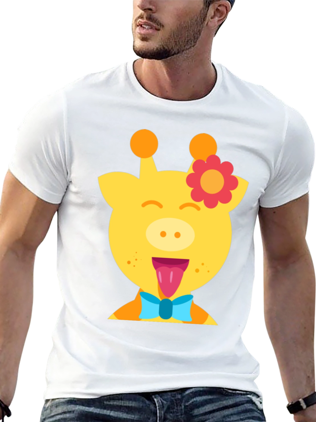 Giraffe Cartoon T-Shirt Fun Graphic Tee Mens Casual Top