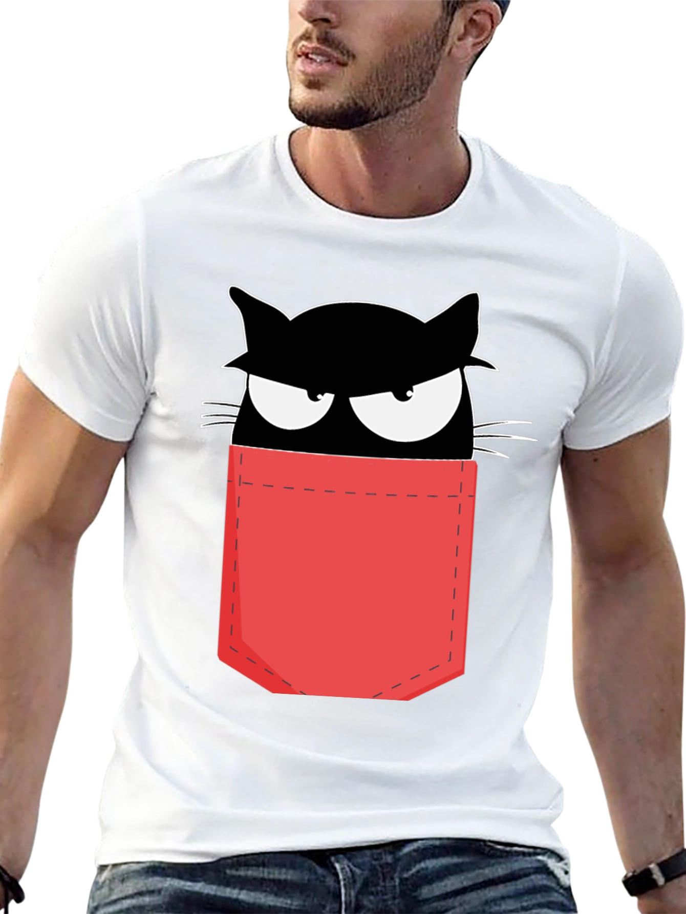 Cat in Pocket T-Shirt - Black