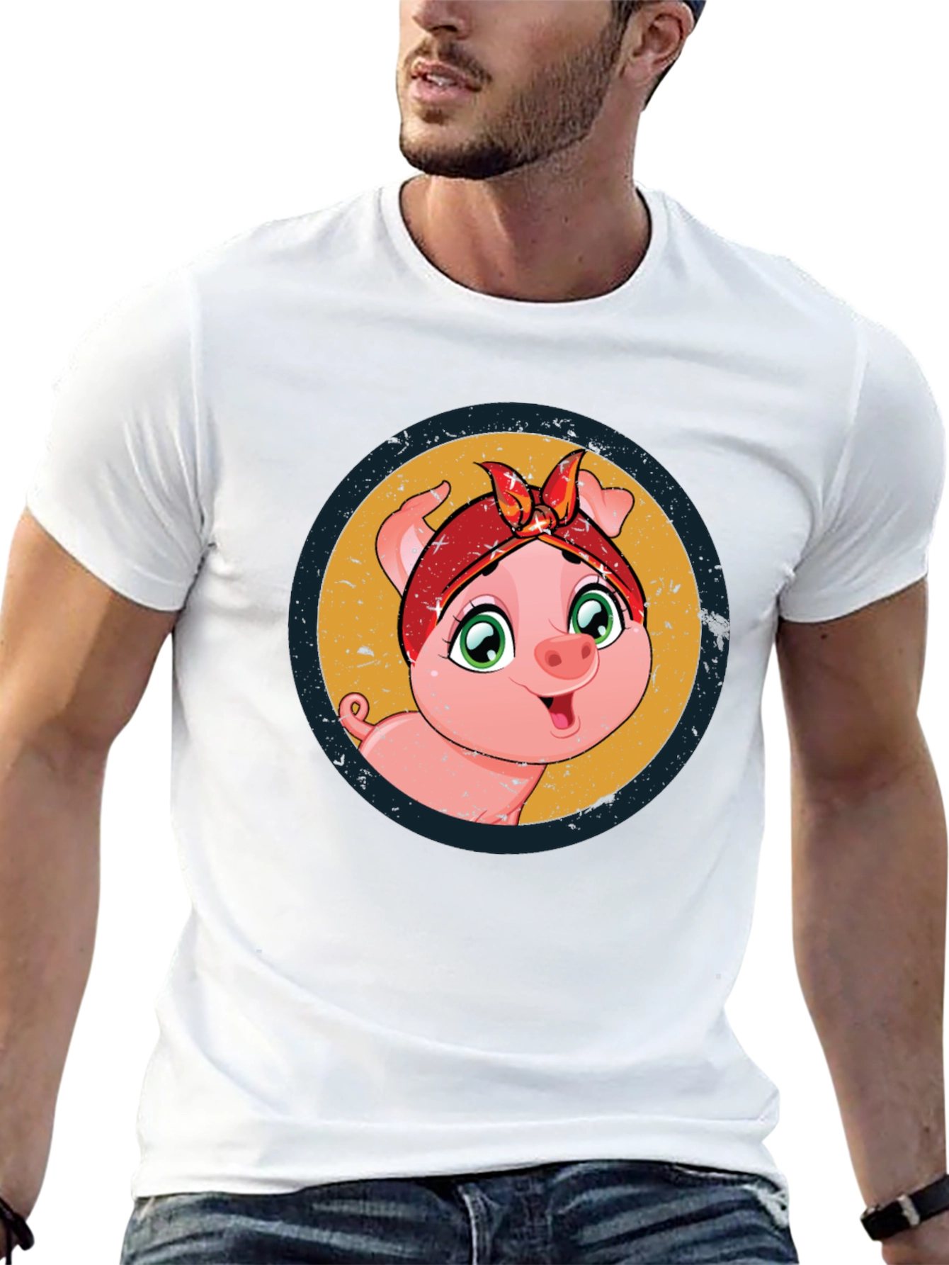 Cute Piglet Graphic Print Black T-Shirt
