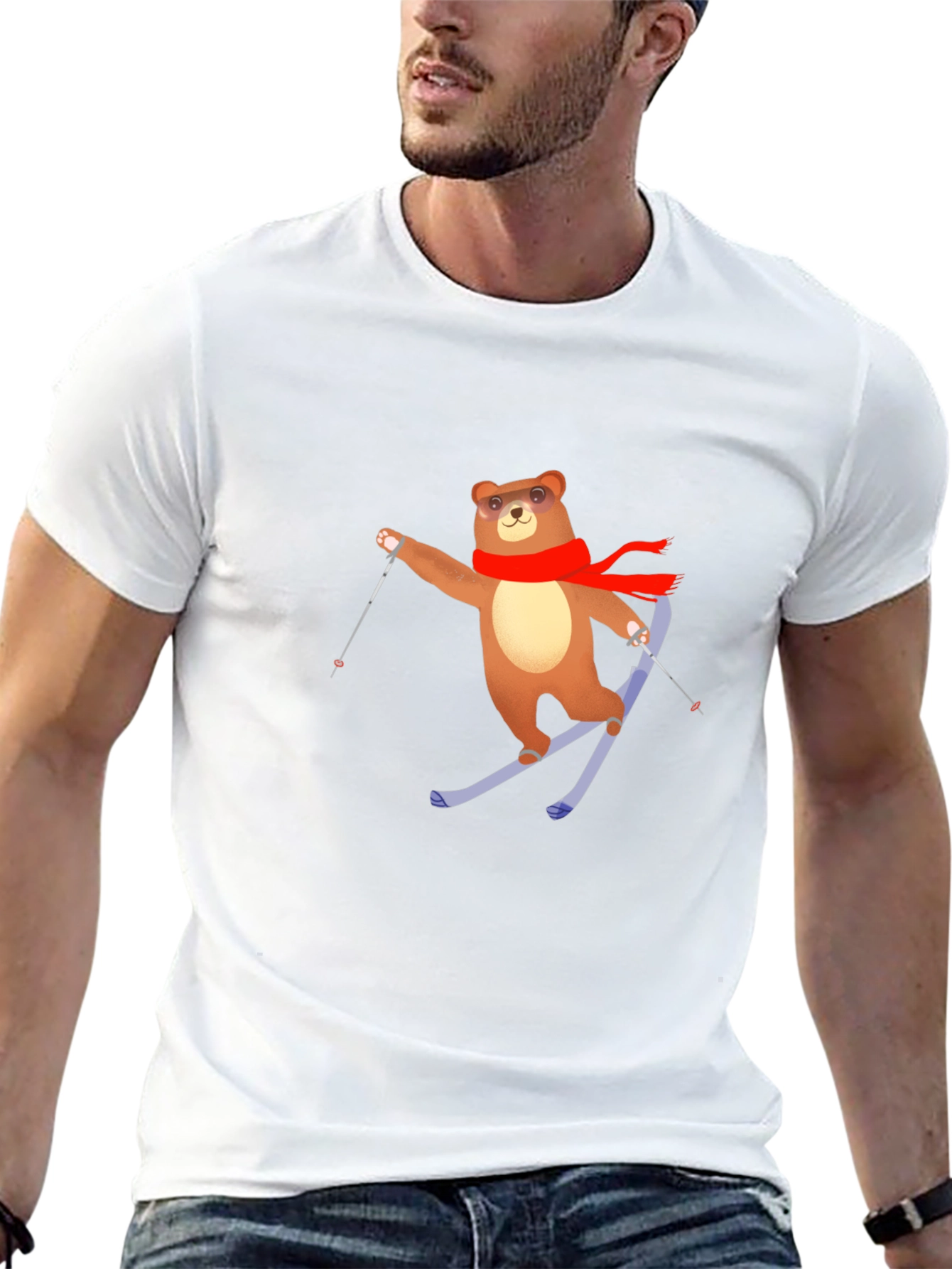 Skiing Bear T-Shirt - Black Cotton Tee