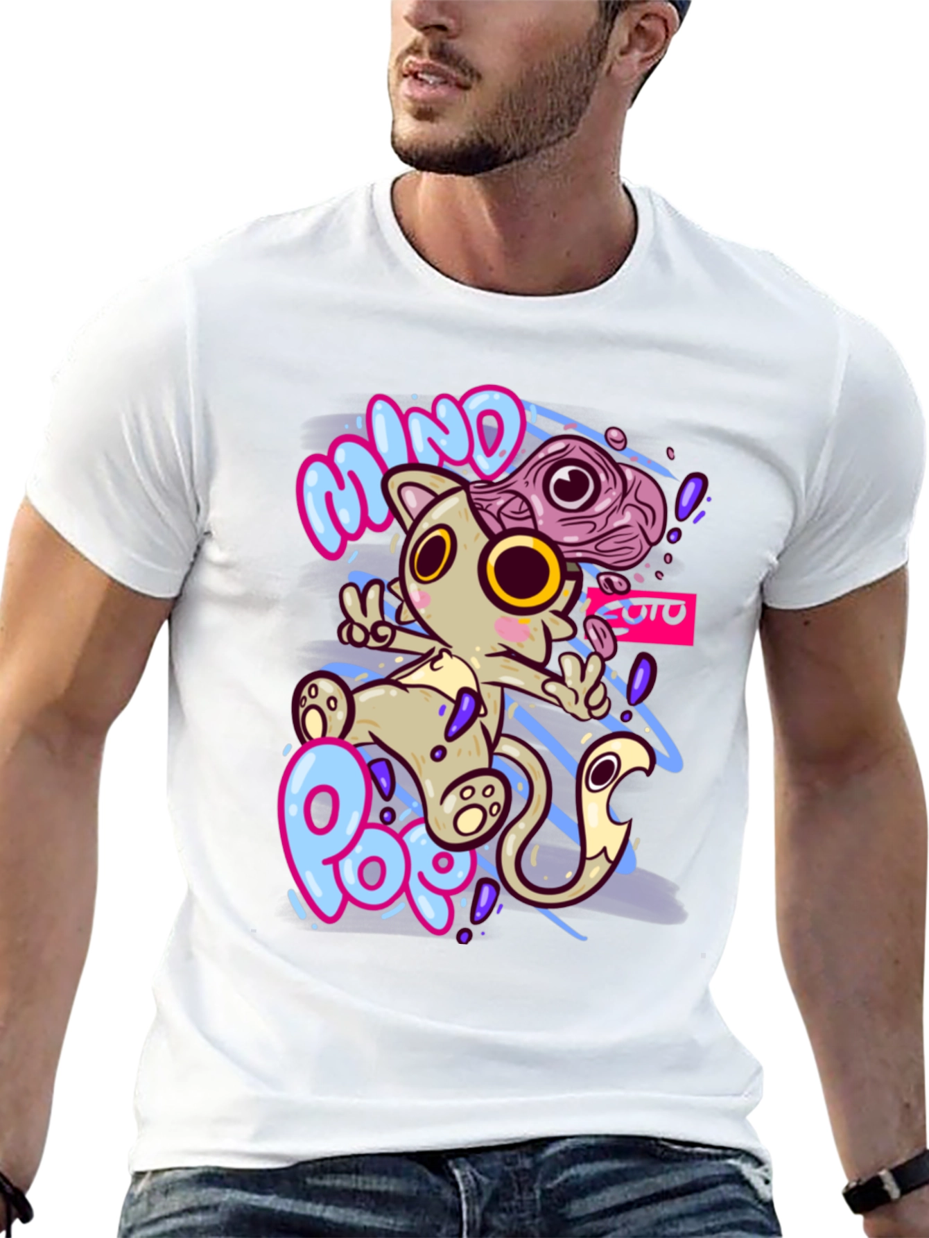 Mind Pop Graphic Tee - Unique Cartoon Cat Design