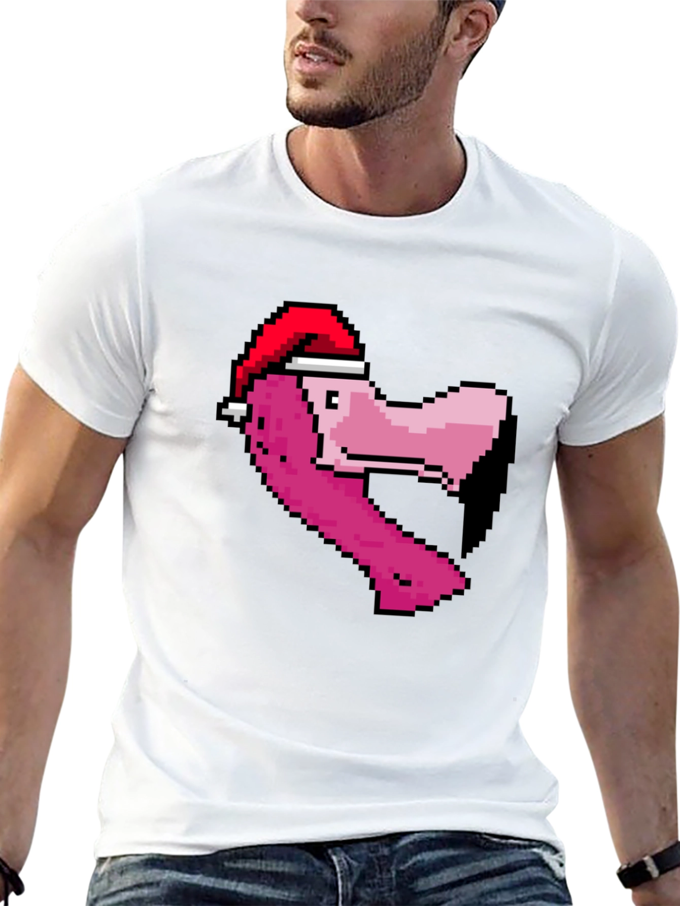 Pixel Flamingo Santa Hat T-Shirt