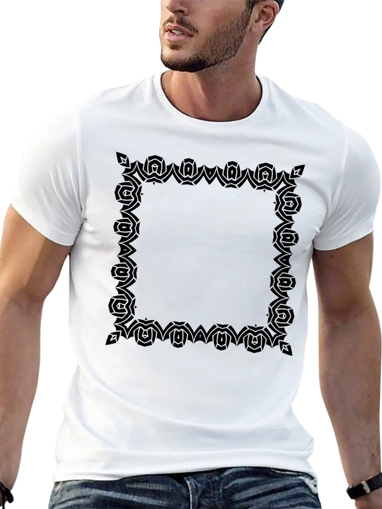 Stylish Black T-Shirt with Ornamental Square Print