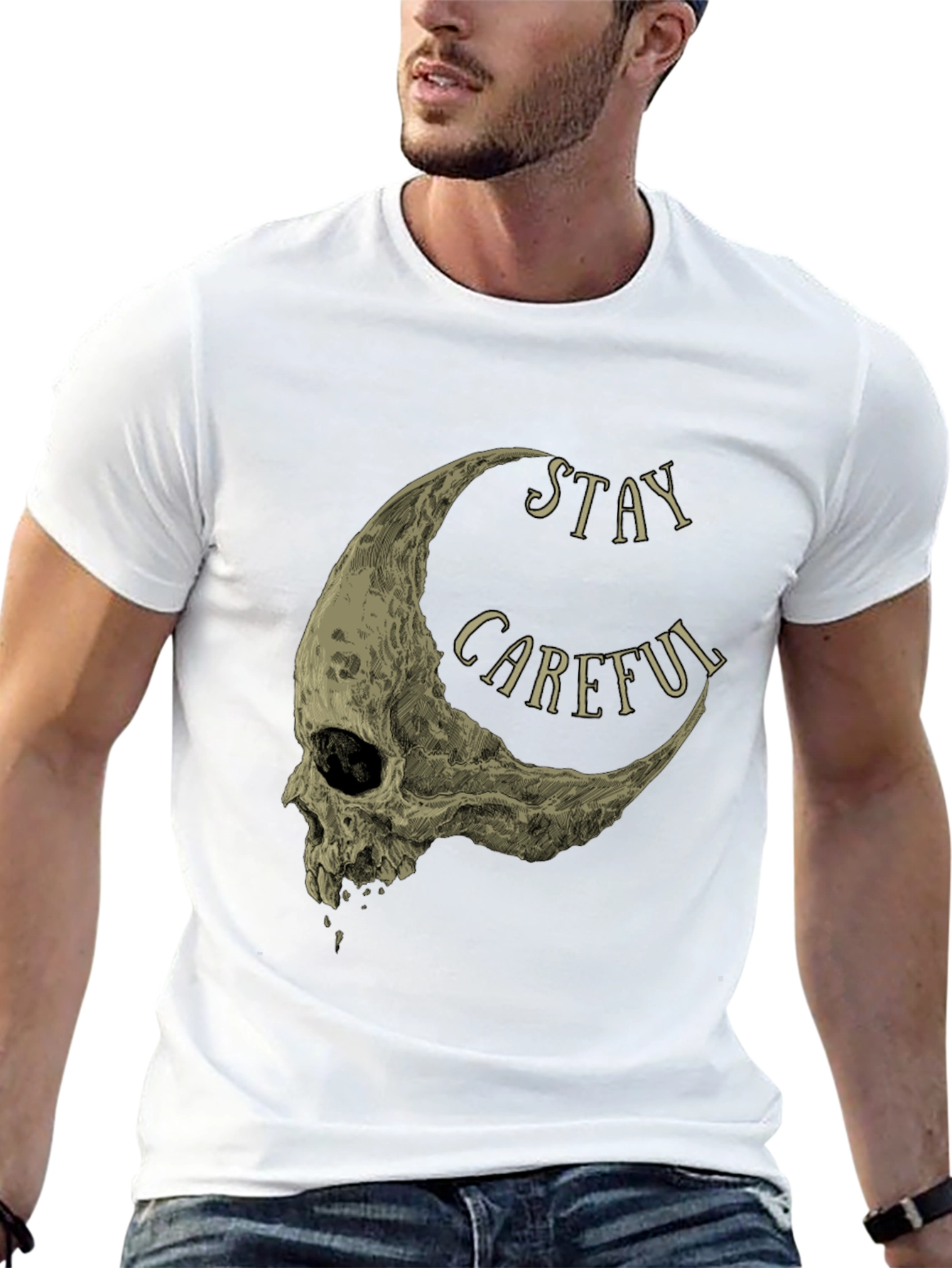 Stay Careful Skull Moon Graphic Tee - Black